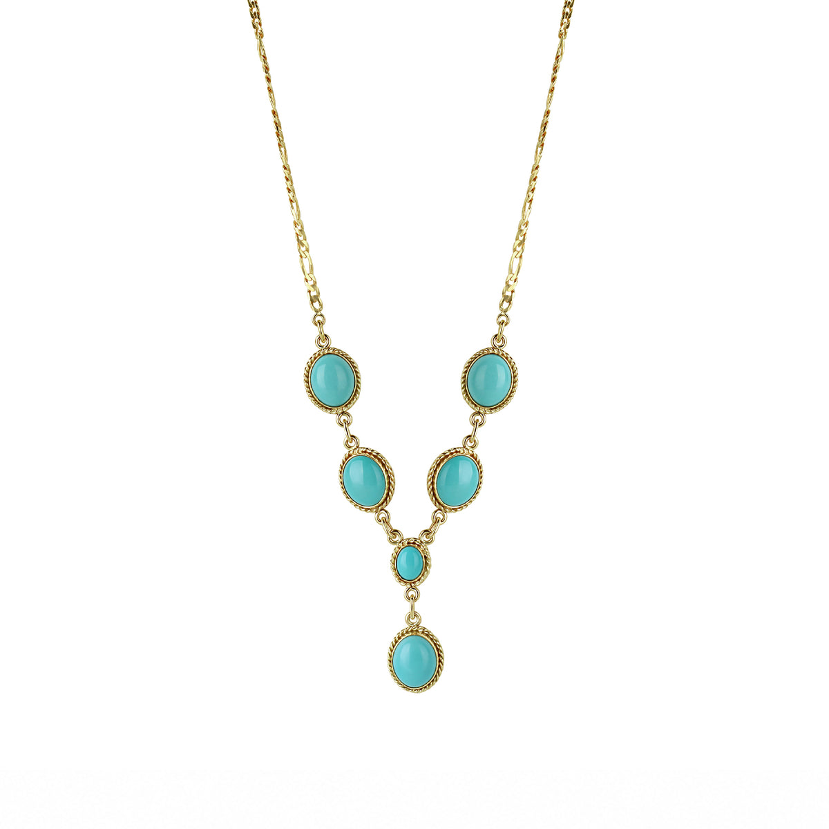 9ct Yellow Gold Six Stone Turquoise Rope Detail Pre-Owned Necklet
