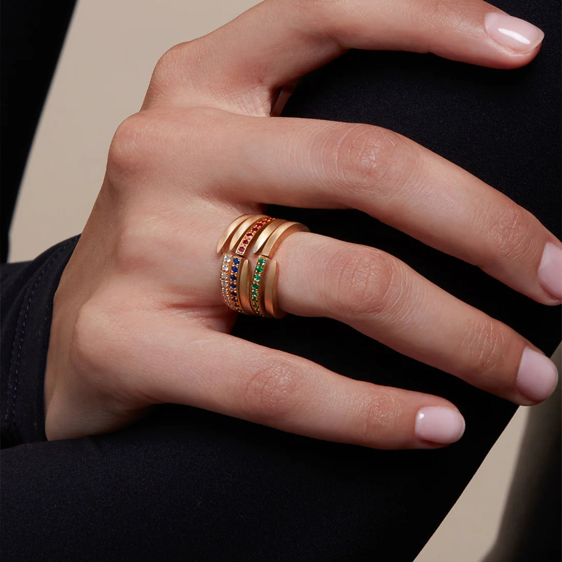 Model Wearing Four Stacked Eloise 18ct Gold Plated Sterling Silver Crescent Moon Rings, with diamond, ruby, emerald and sapphire 