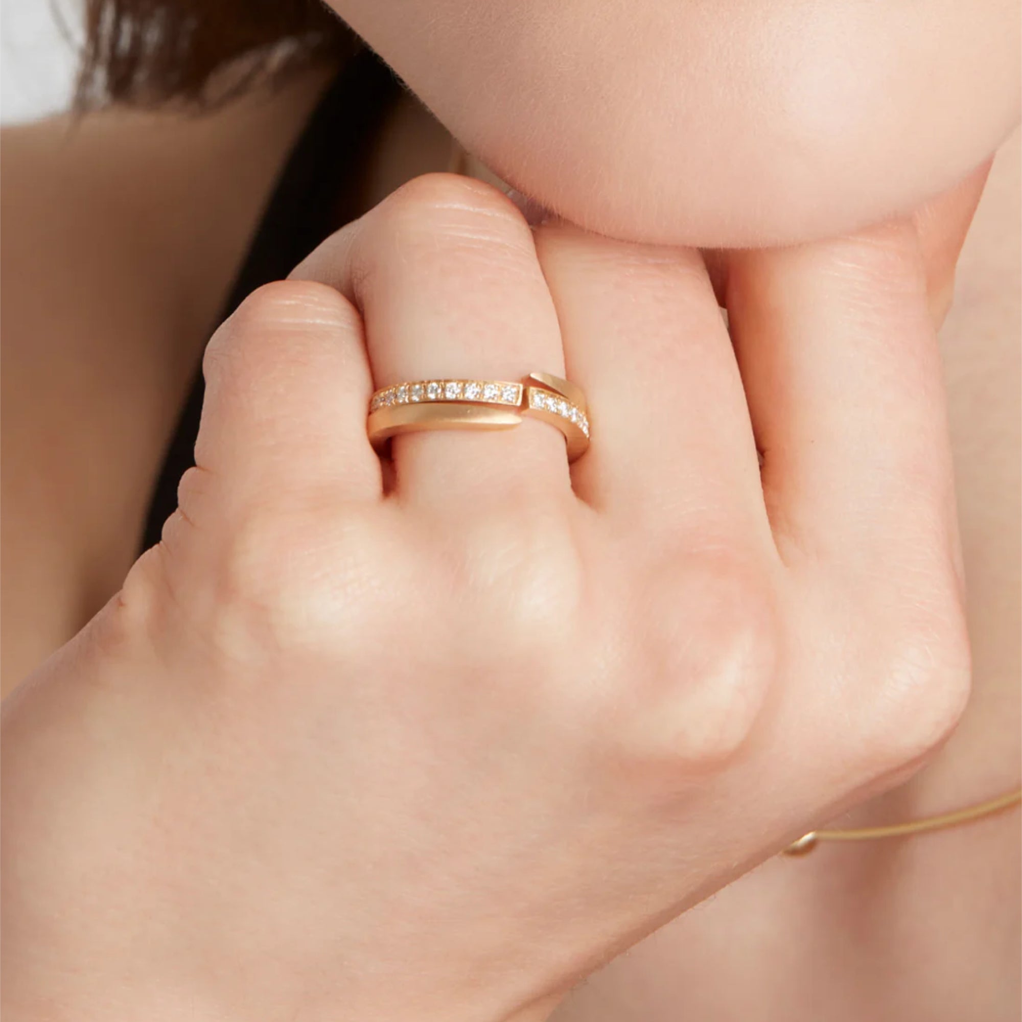 Model Wearing Two Stacked Eloise Gold Plated Sterling Silver Crescent Moon Diamond Rings