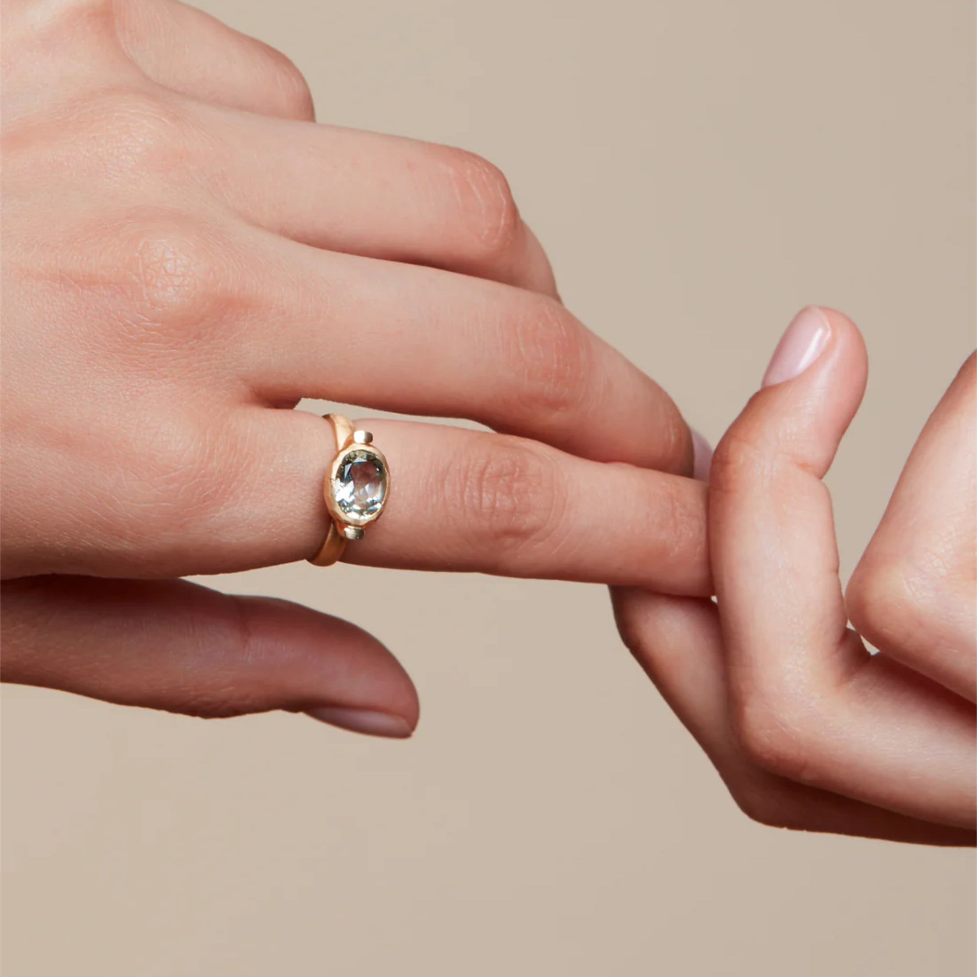 Model Wearing Eloise Gold Plated Sterling Silver Oval Green Prasolite Ellipse Ring