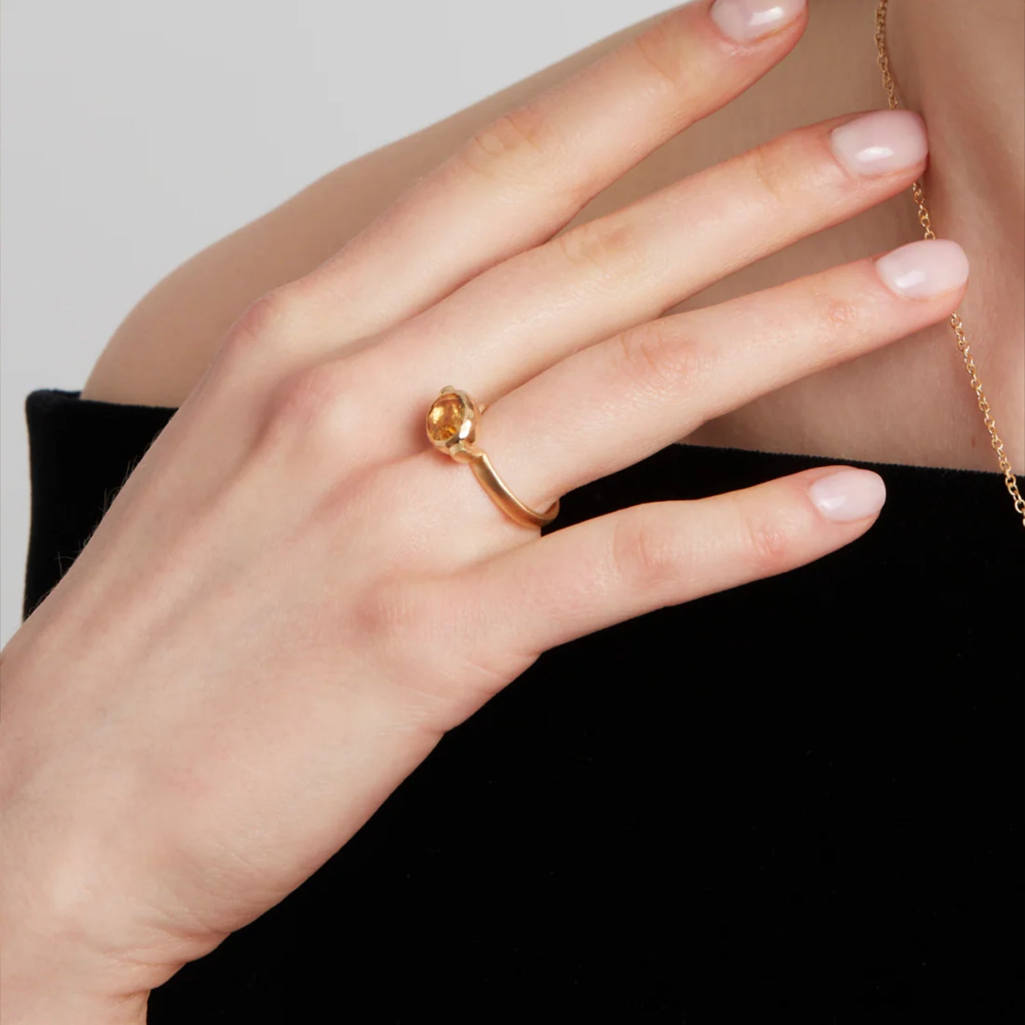 Model Wearing Eloise Gold Plated Sterling Silver Oval Yellow Citrine Ellipse Ring