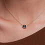 Eloise Gold Plated Sterling Silver Deep Blue Topaz Ellipse Necklace featured on a model - Italian artisan jewellery