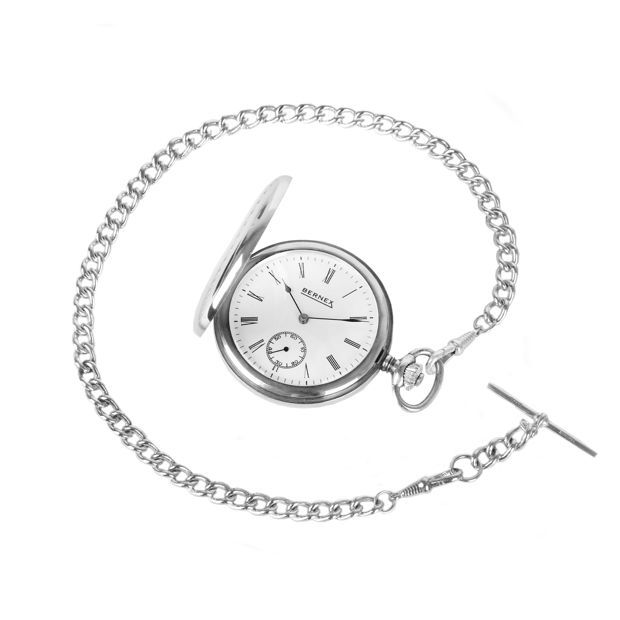 Bernex Full Hunter Silver Pocket Watch with Albert Chain and T-Bar Pre-Owned