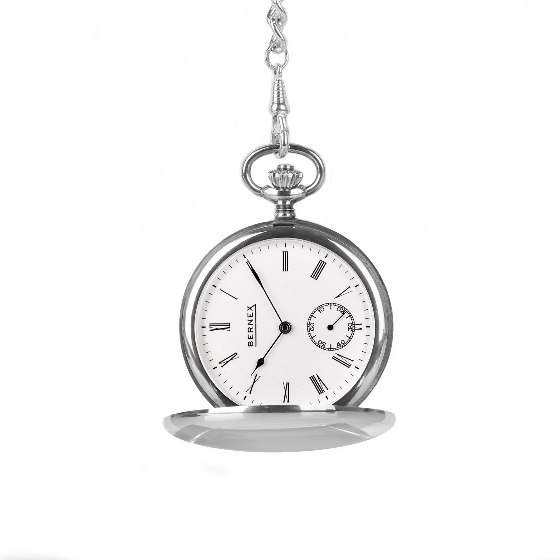 Bernex Full Hunter Silver Pocket Watch with Albert Chain and T-Bar Pre-Owned