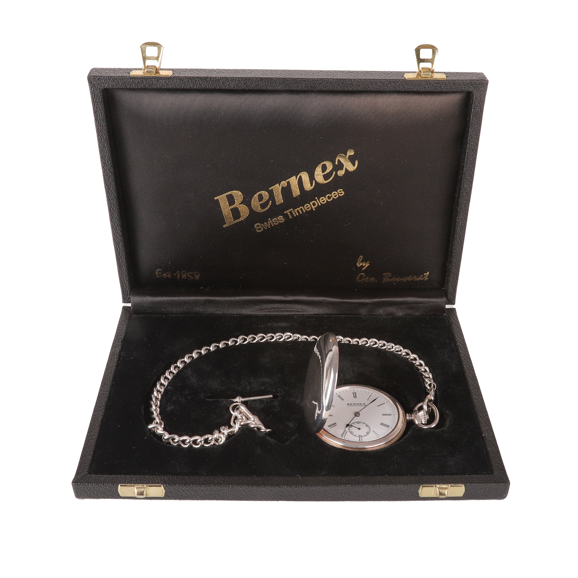 Bernex Full Hunter Silver Pocket Watch with Albert Chain and T-Bar Pre-Owned