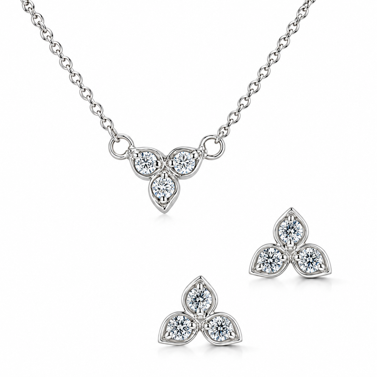 18ct White Gold Round Diamond 'Leaf' Necklace and Earrings Gift Set