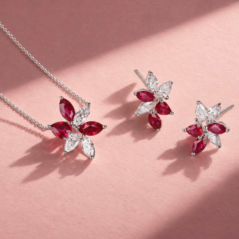 18ct White Gold Ruby & Diamond Scattered Flower Necklace