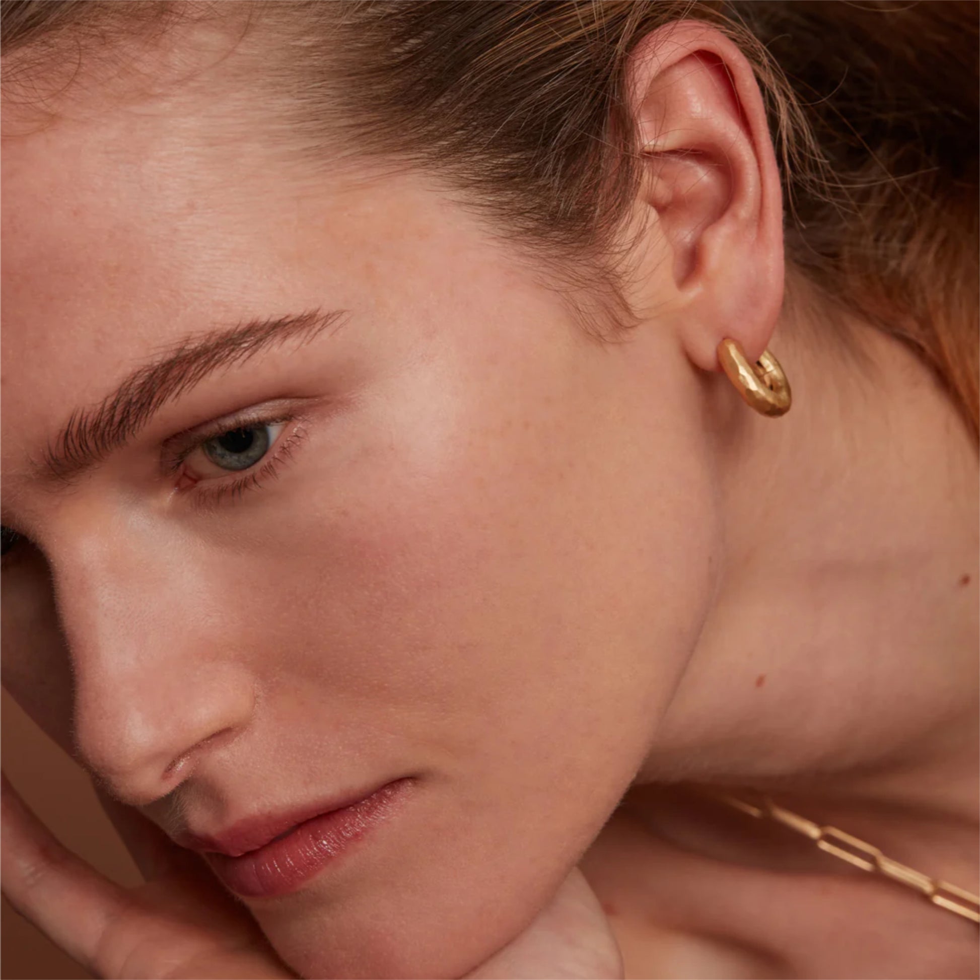 Model Wearing Eloise Gold Plated Sterling Silver Bold Wander Chunky Hoop Earrings