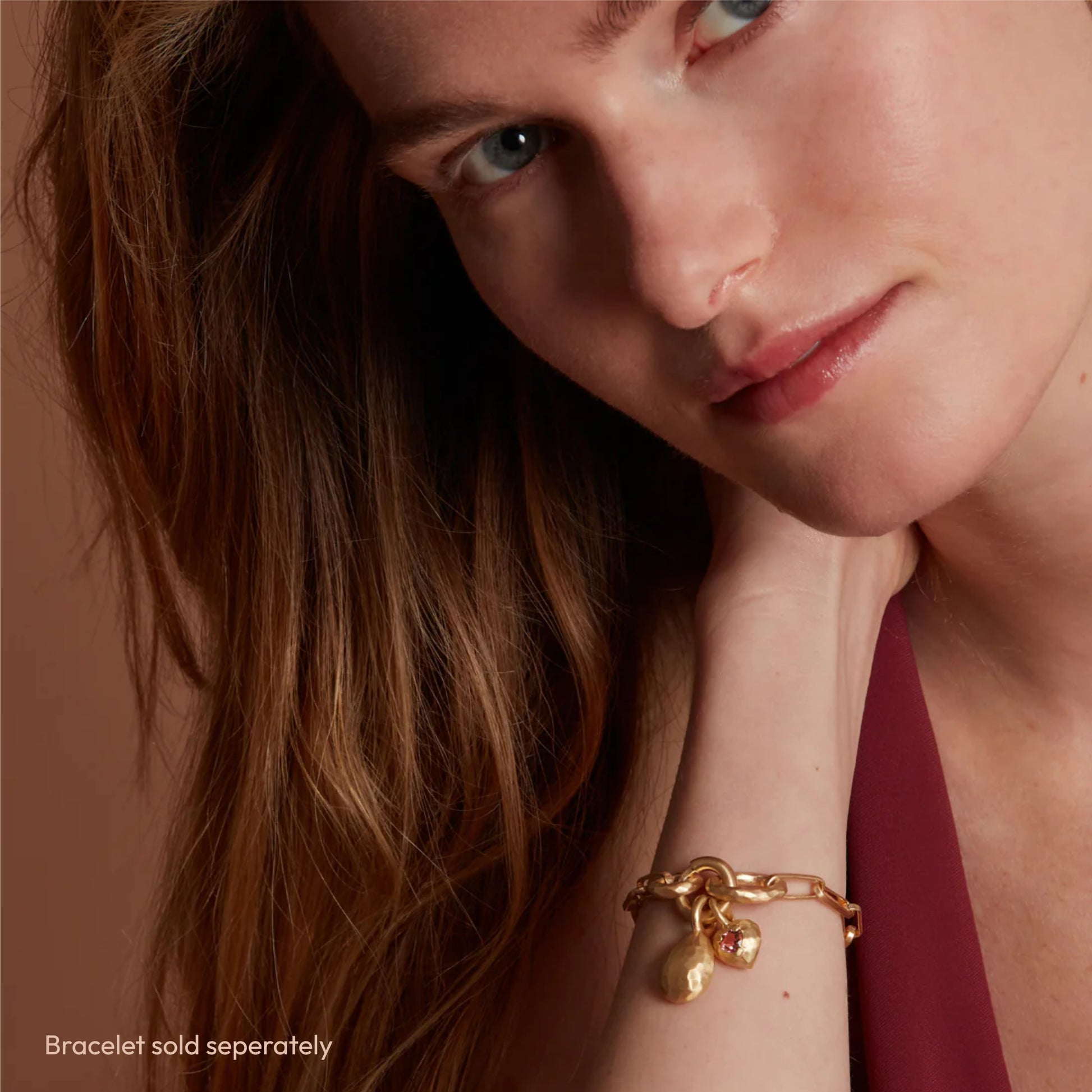 Model Wearing Eloise Gold Plated Sterling Silver Medium Milestone Sasso Charm on Chunky Bracelet
