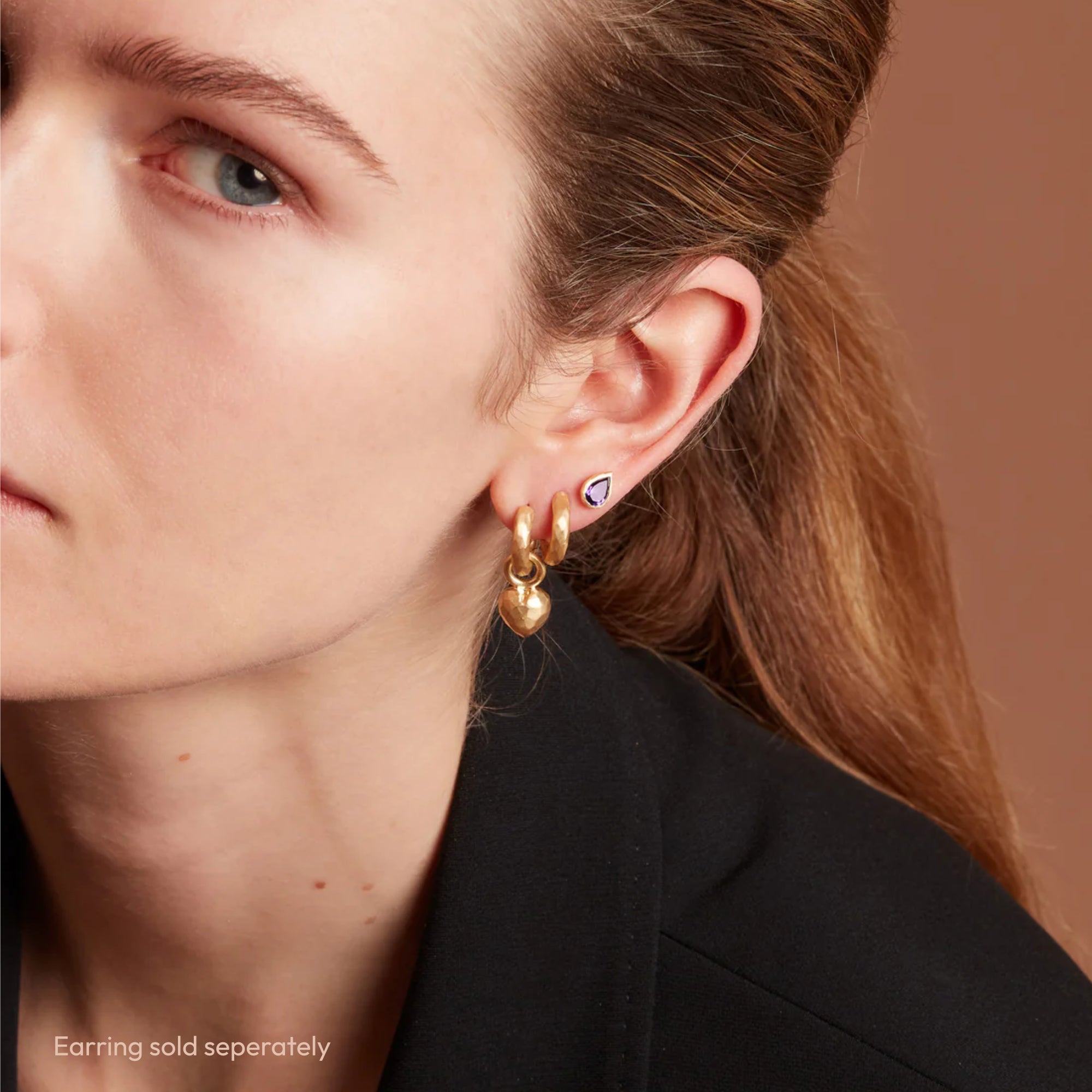 Model Wearing Eloise Gold Plated Sterling Silver Small Milestone Heart Charm on Hoop Earring