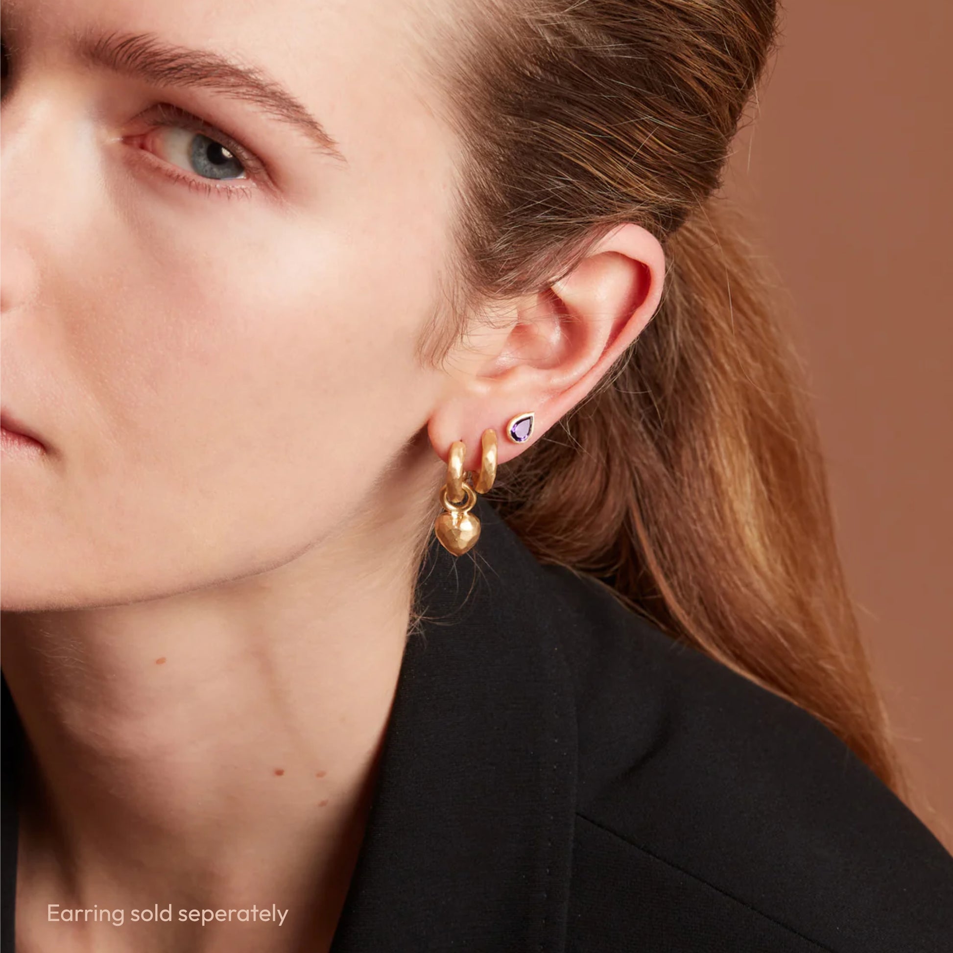 Model Wearing Eloise Gold Plated Sterling Silver Small Milestone Heart Charm on Hoop Earring