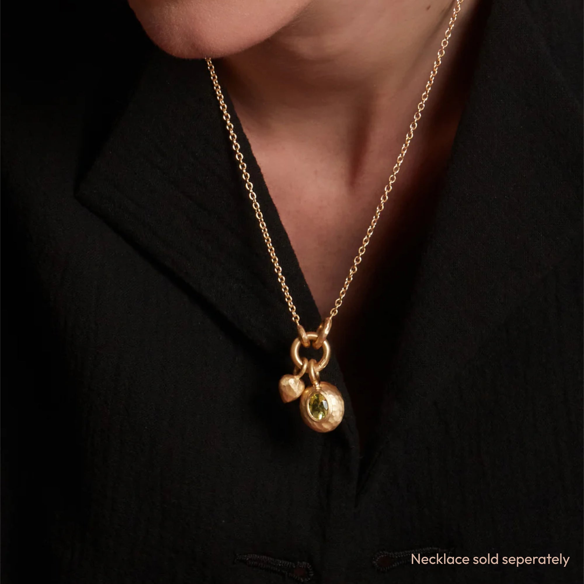 Model Wearing Eloise Gold Plated Sterling Silver Medium Lemon Quartz Milestone Sasso Charm Along With Heart Charm on a Chain Necklace