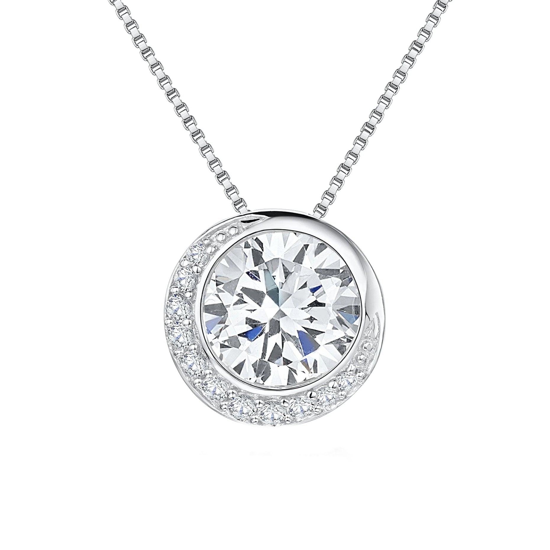 Silver Slider Pendant with Offset Cubic Zirconia with Pave Set Crescent, on an Adjustable Rounded Box Chain