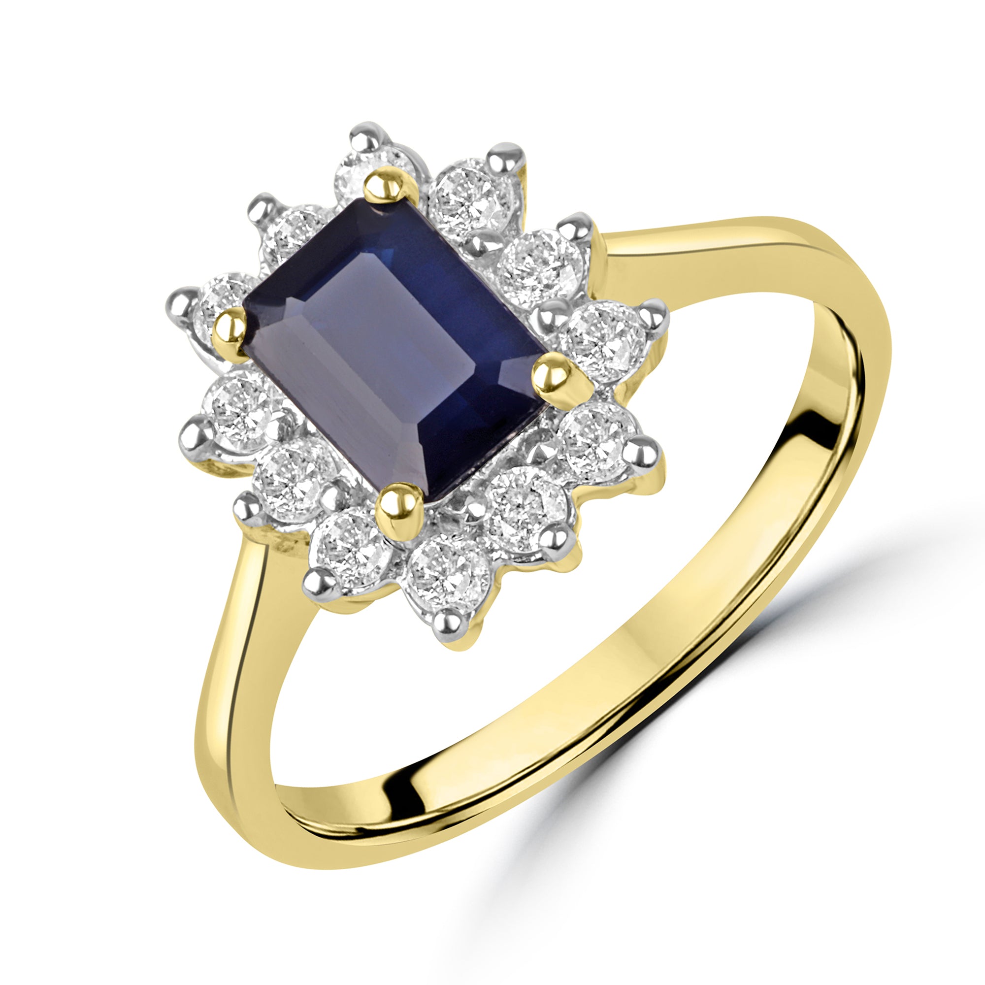 Emerald Cut Sapphire and Round Diamond Pre-Owned Cluster Ring 