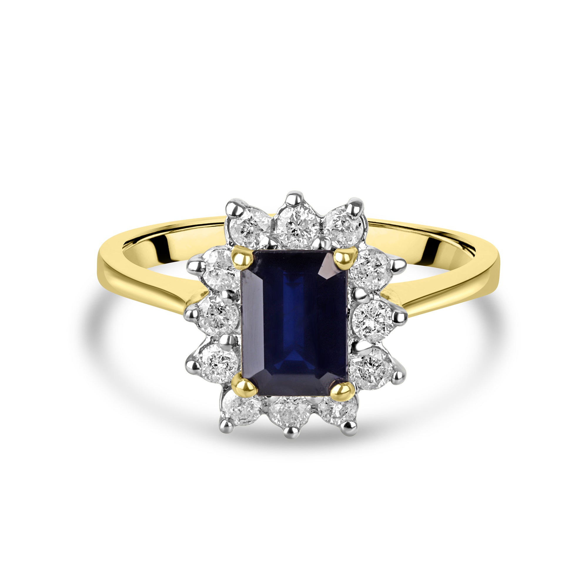 Emerald Cut Sapphire and Round Diamond Pre-Owned Cluster Ring 