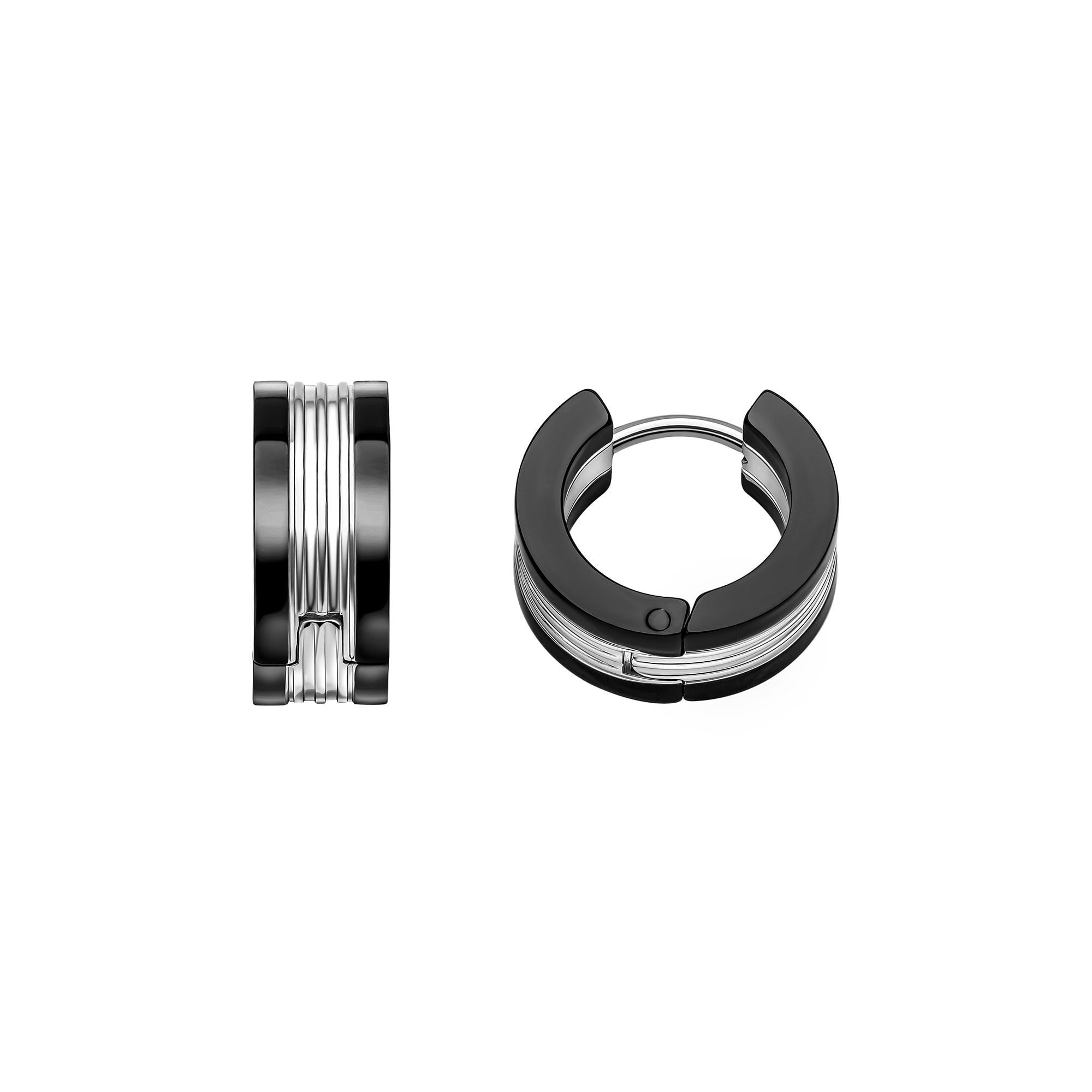 Fred Bennett Black Plated with Striped Stainless Steel Centre Hoop Earrings