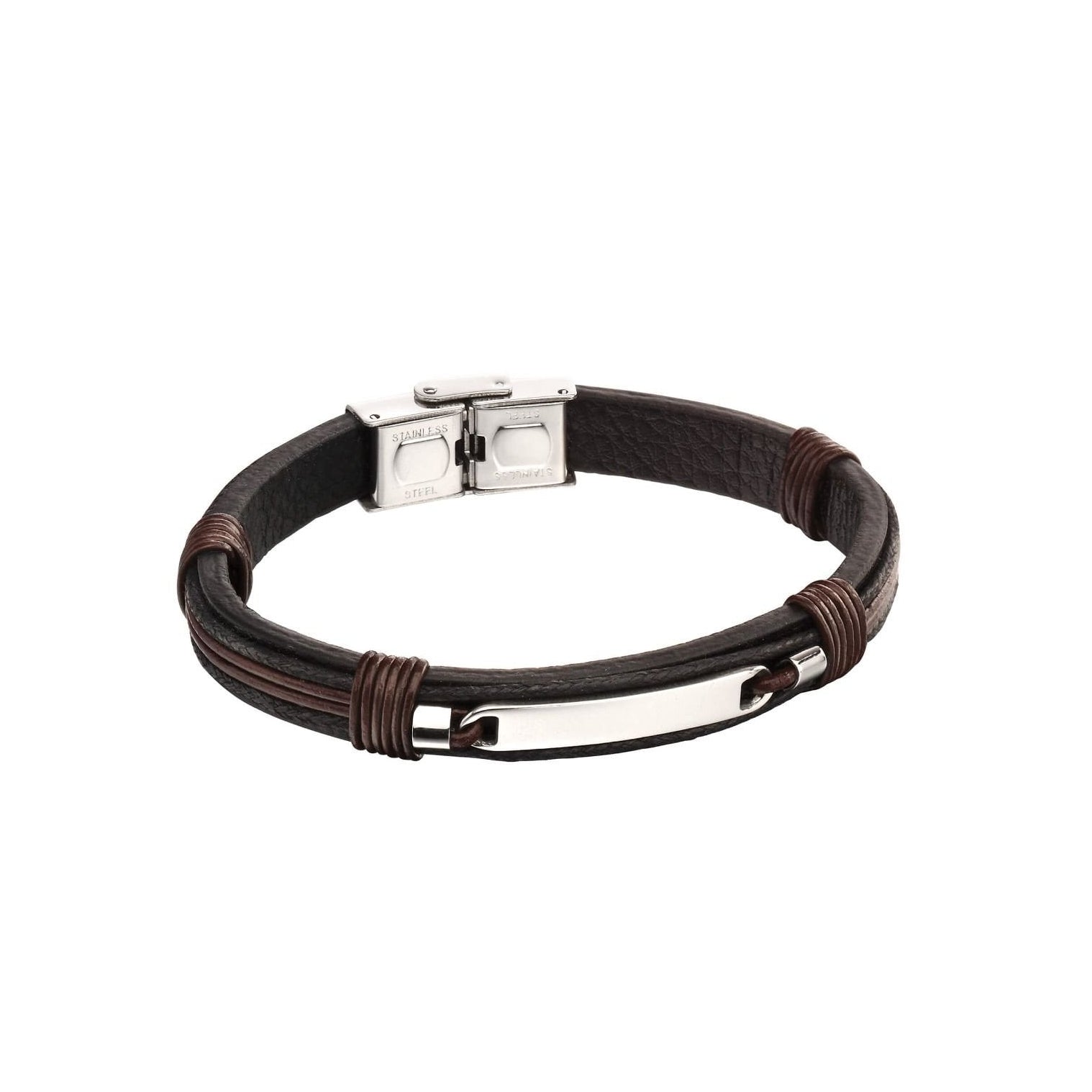 Fred Bennett ID Bar Black Leather Bracelet with Brown Cord Detail