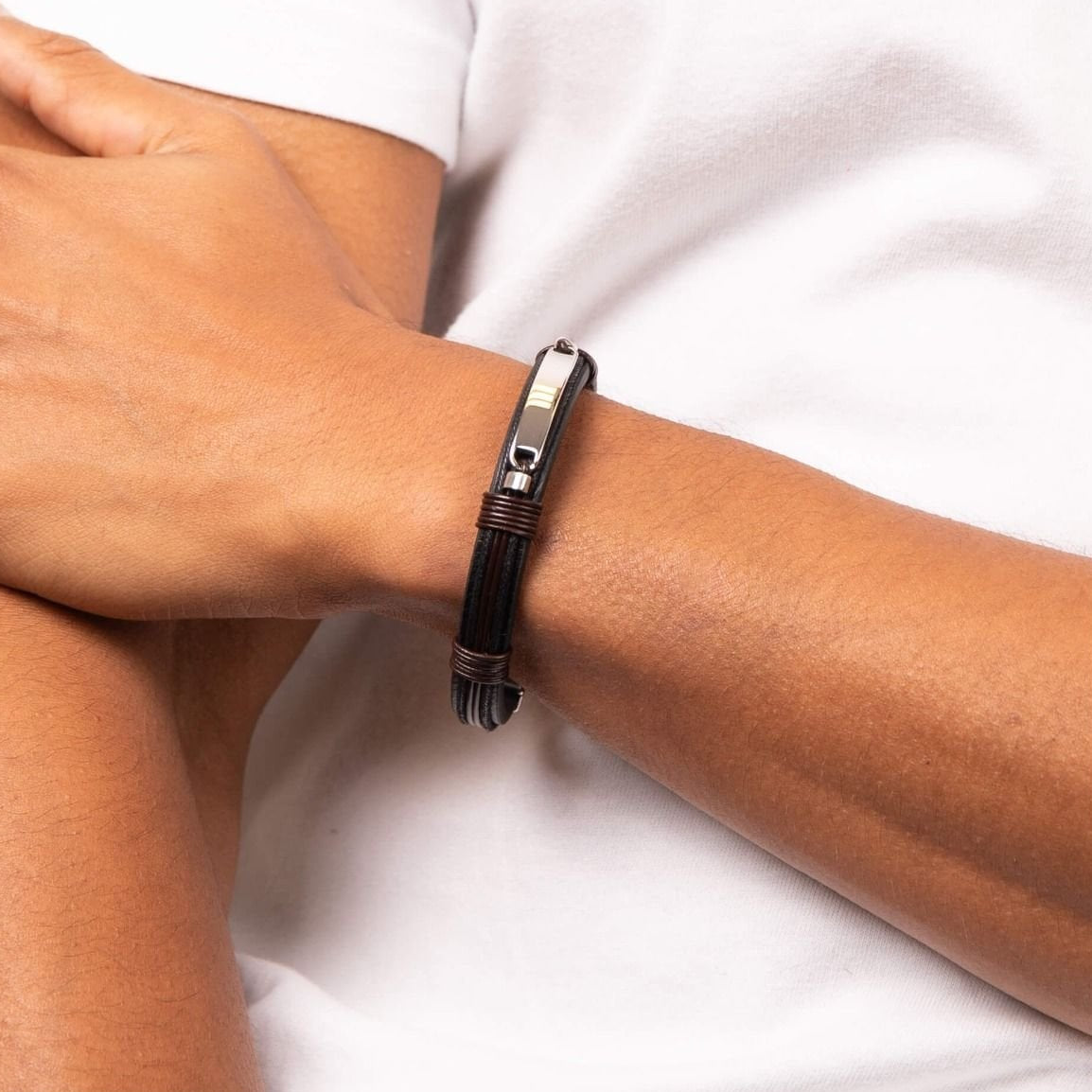 Fred Bennett ID Bar Black Leather Bracelet with Brown Cord Detail