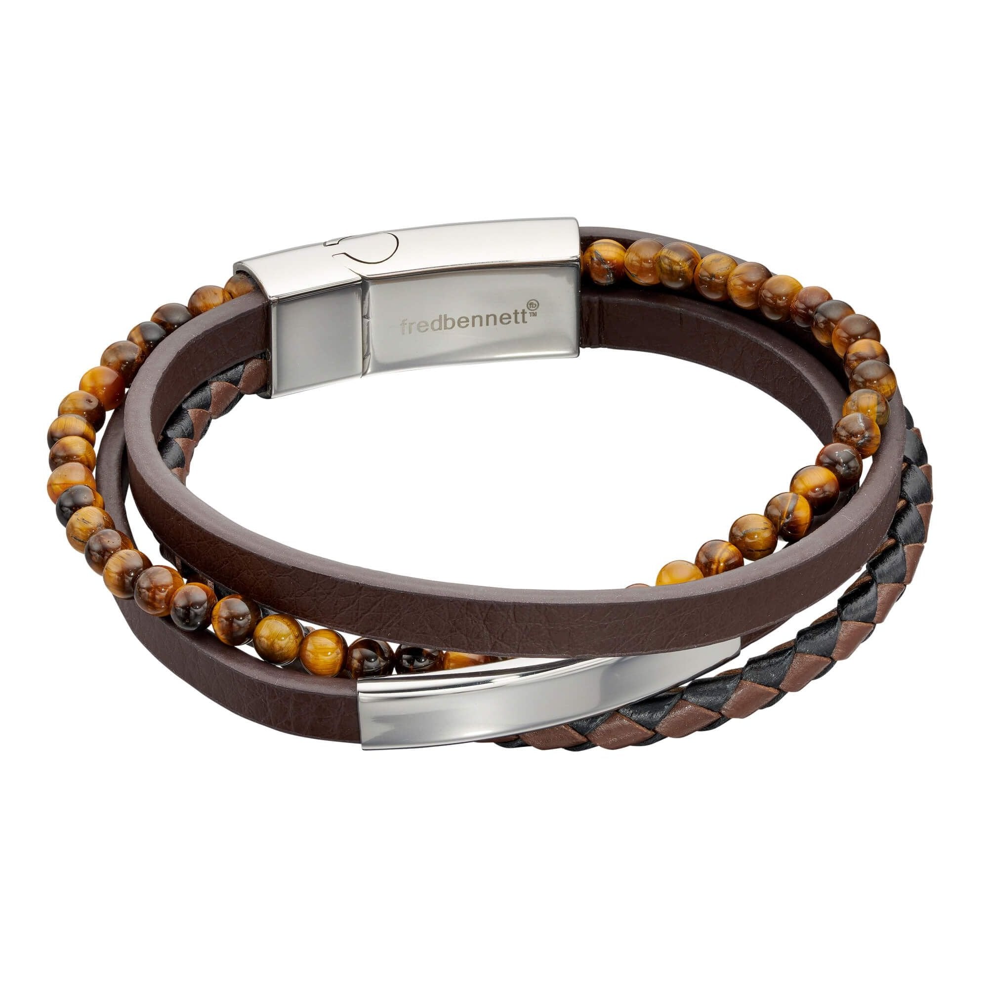 Fred Bennett Multi Row Brown Leather and Tigers Eye Bracelet with ID Bar