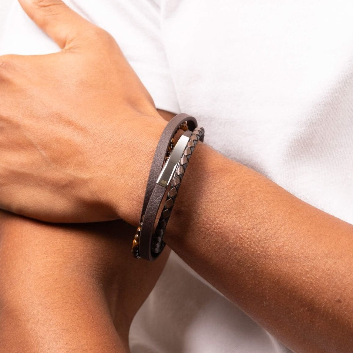 Fred Bennett Multi Row Brown Leather and Tigers Eye Bracelet with ID Bar