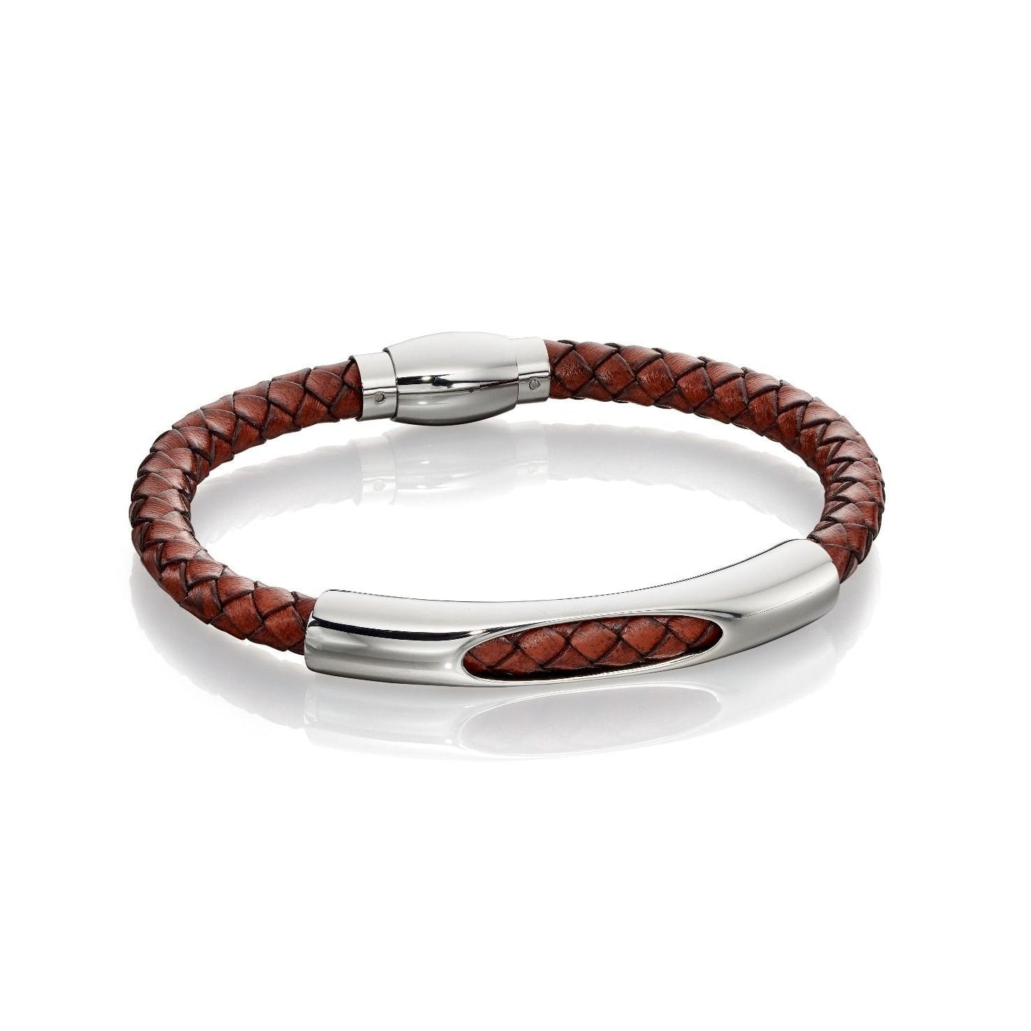 Fred Bennett Woven Leather and Stainless Steel Section Bracelet