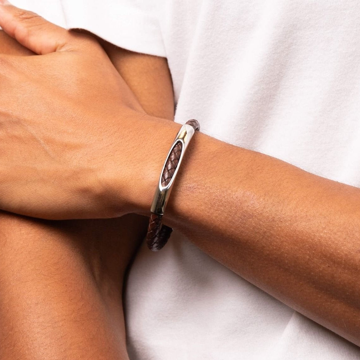 Fred Bennett Woven Leather and Stainless Steel Section Bracelet