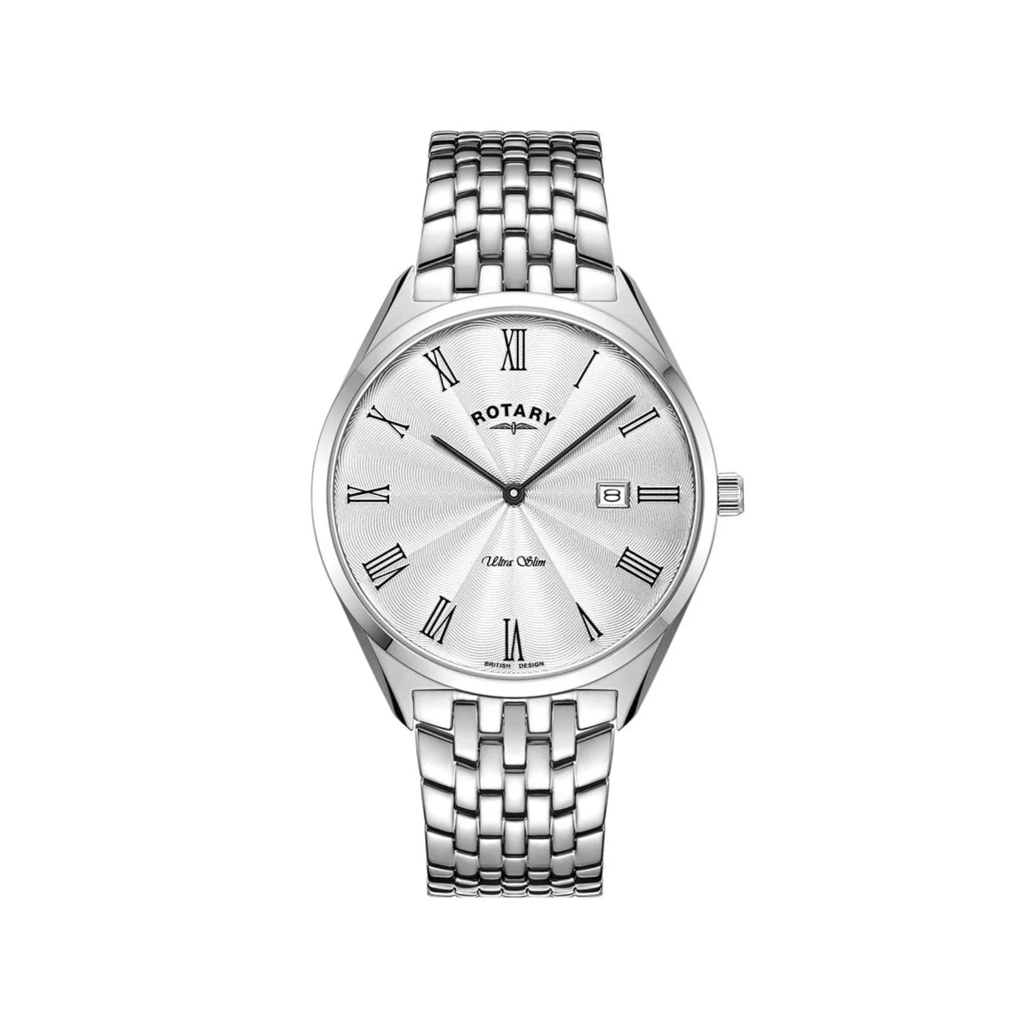 Rotary Ultra Slim Guilloché Dial Steel Date Mens Watch