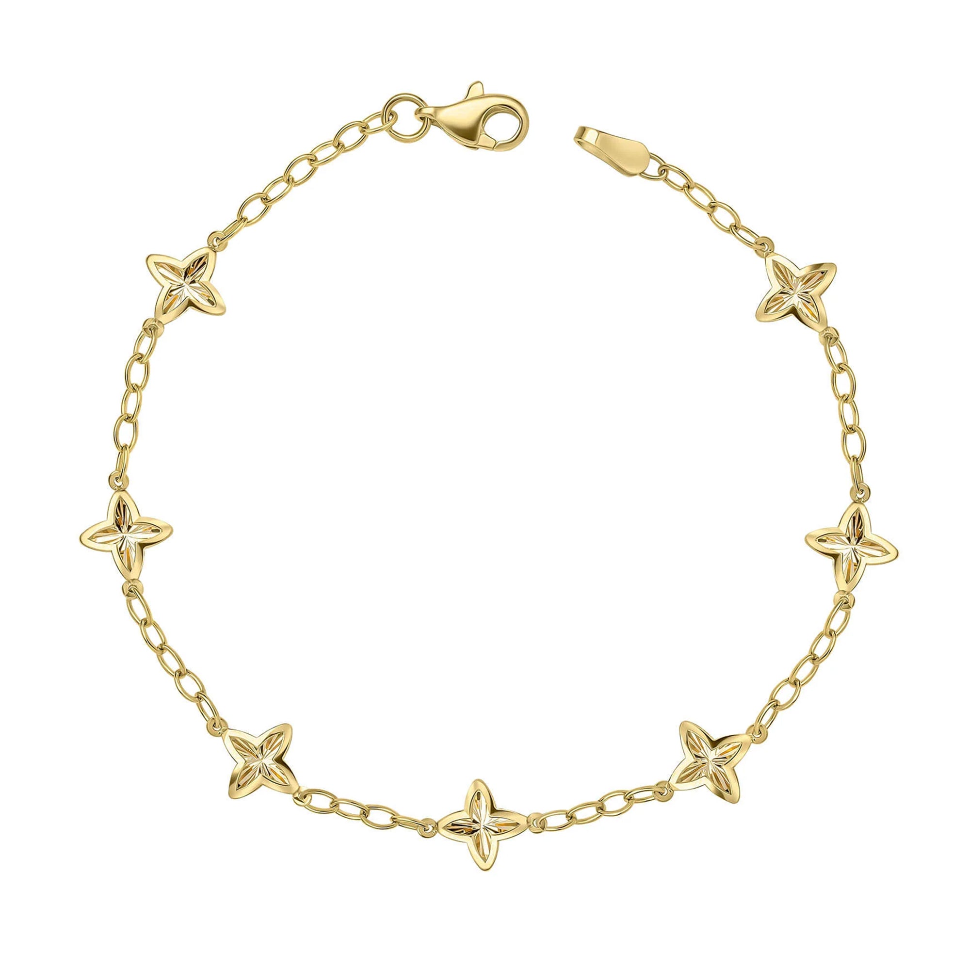 9ct Yellow Gold Textured Four Petal Flower Link Bracelet