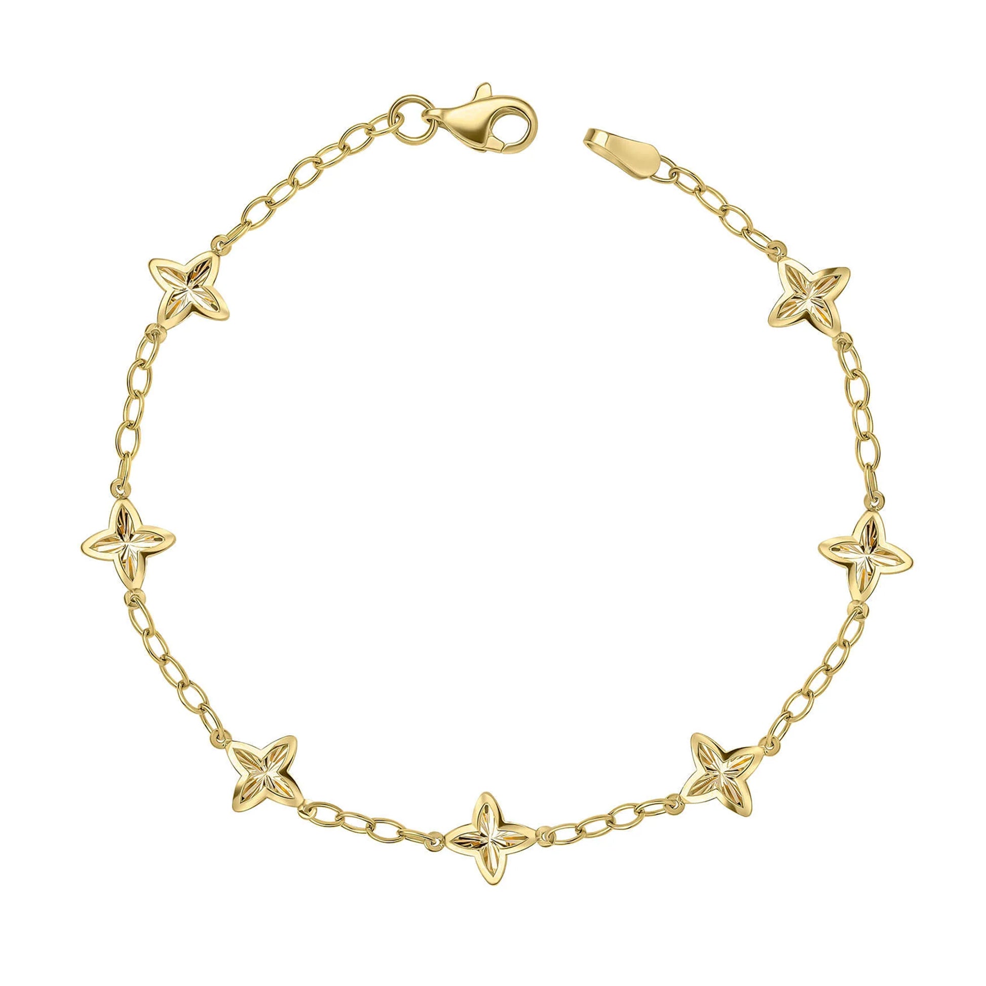9ct Yellow Gold Textured Four Petal Flower Link Bracelet