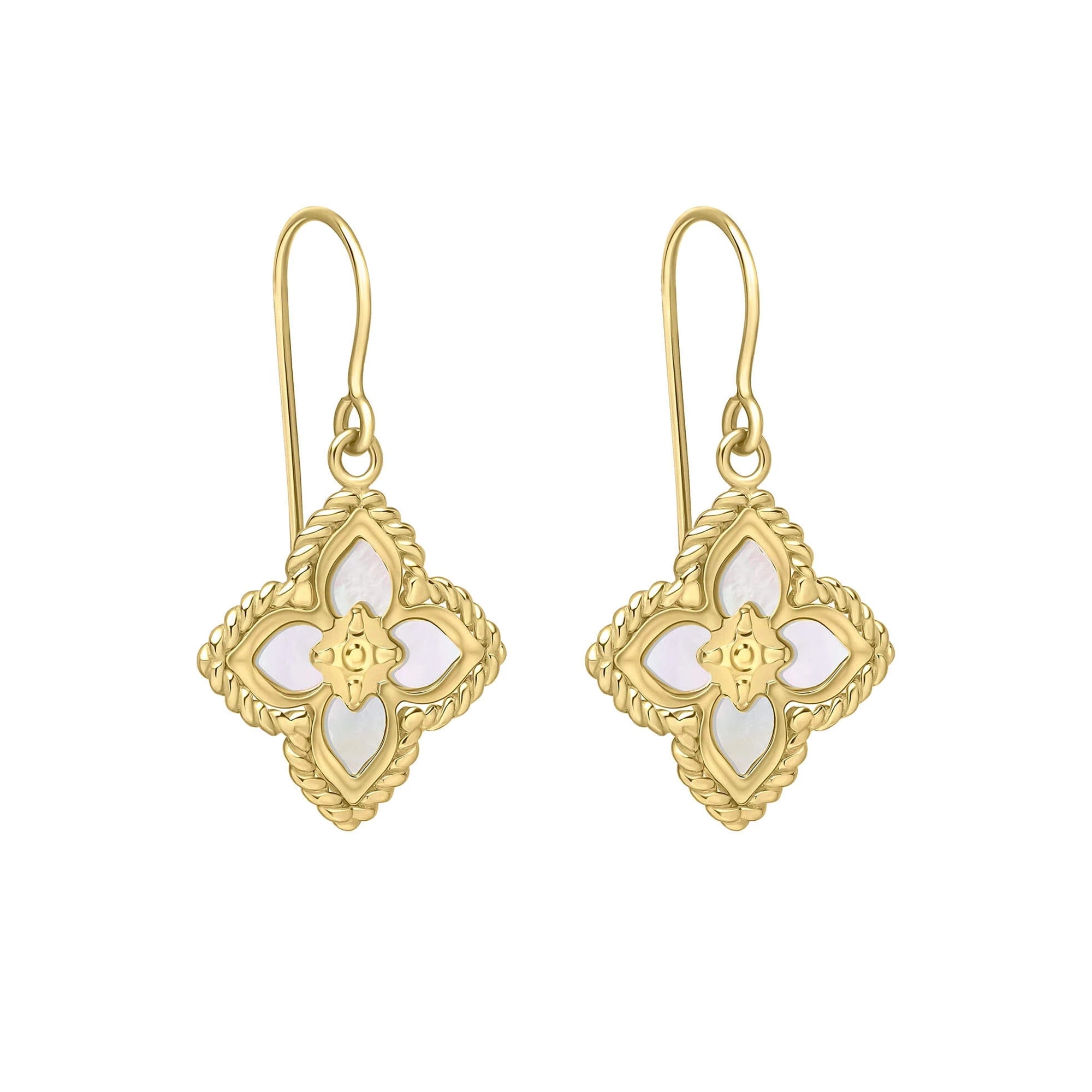 9ct Yellow Gold Four Petal Flower Mother of Pearl Drop Earrings