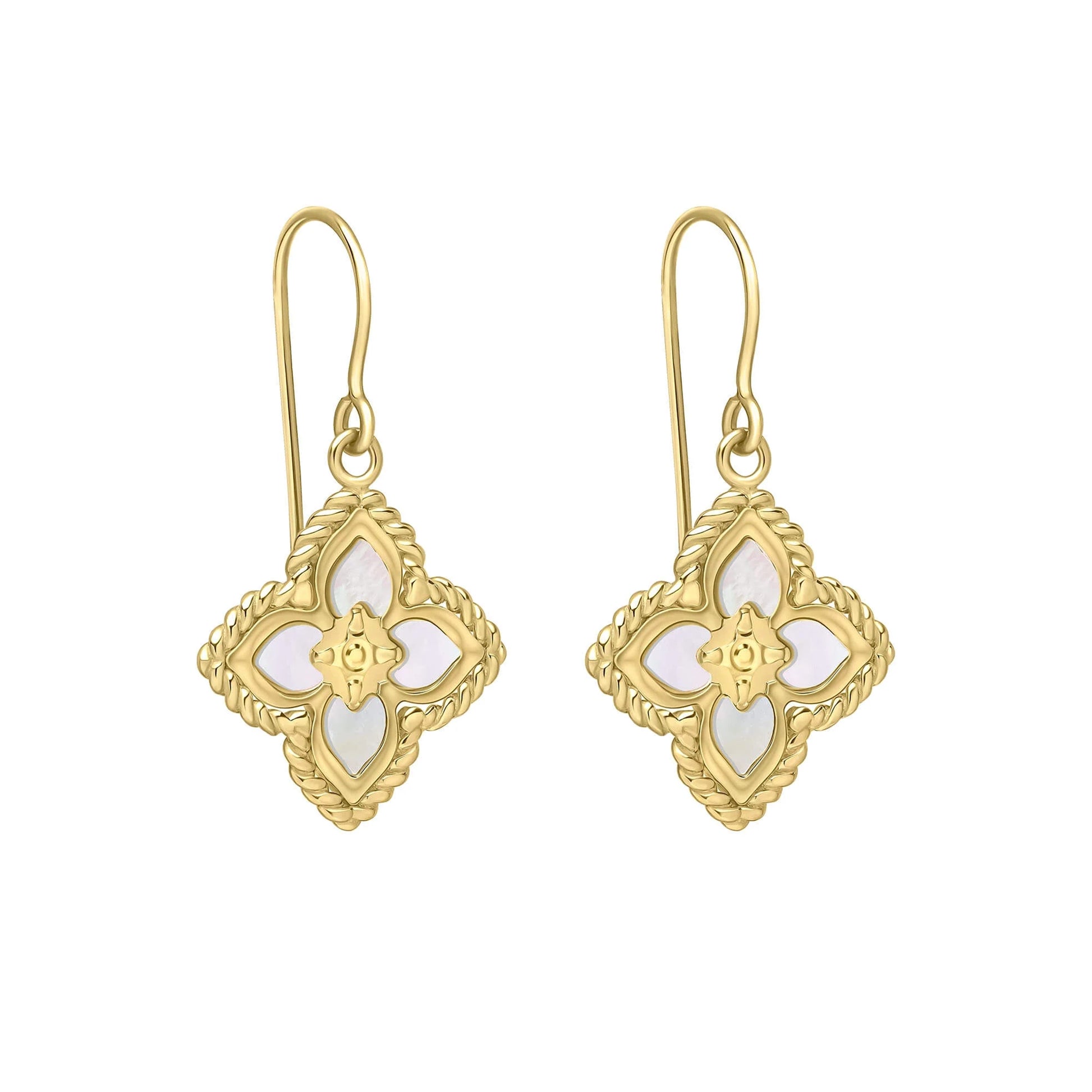 9ct Yellow Gold Four Petal Flower Mother of Pearl Drop Earrings