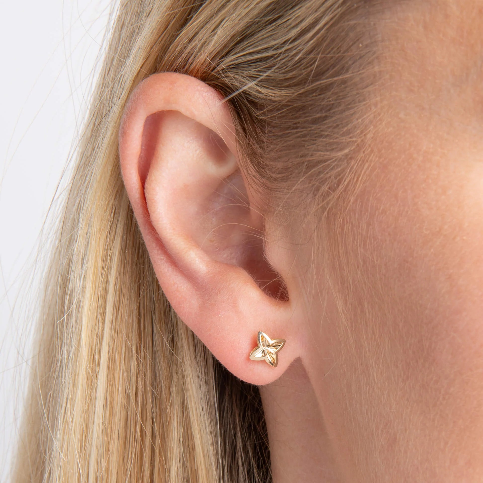 9ct Yellow Gold Textured Four Petal Flower Stud Earrings
