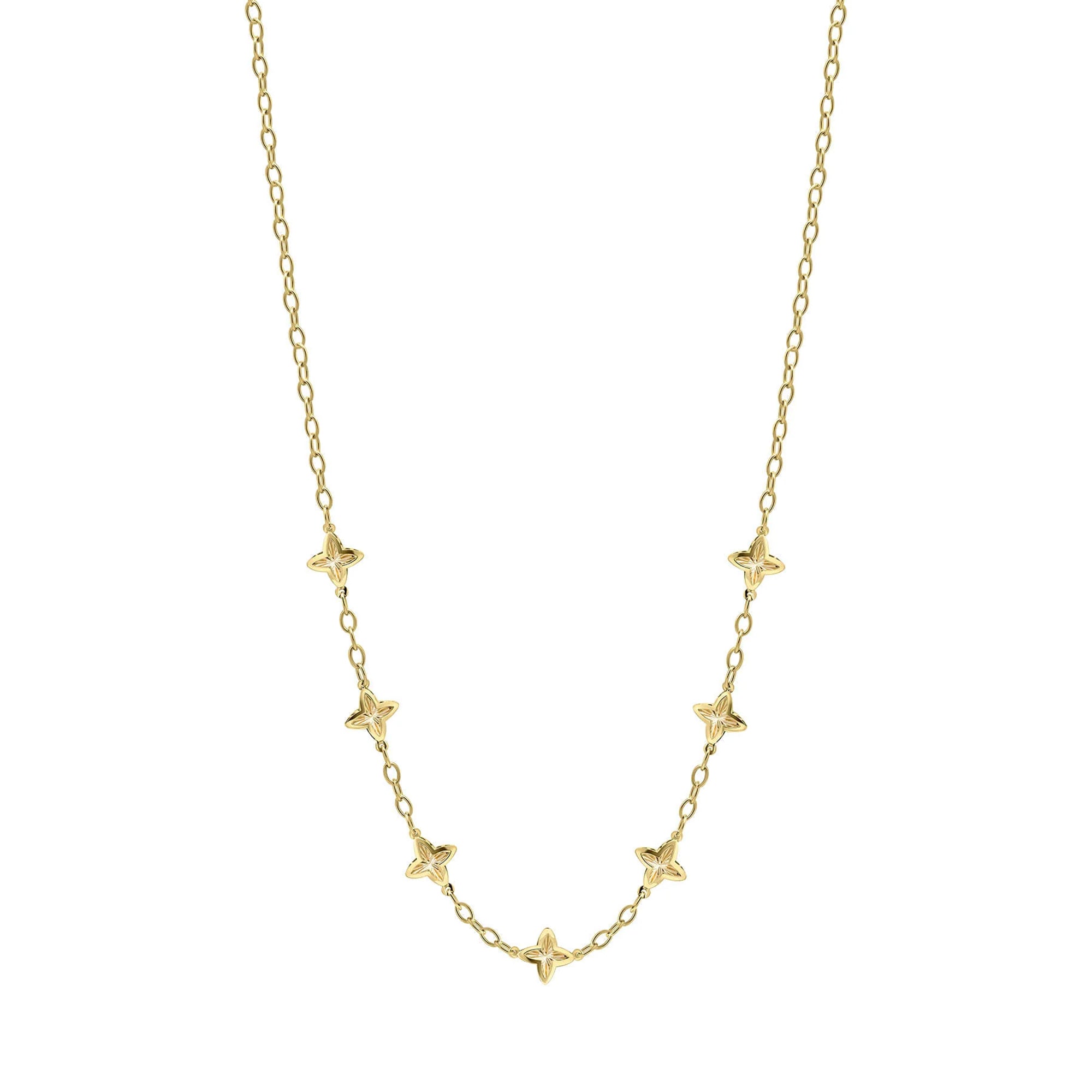 9ct Yellow Gold Four Petal Flower Station Necklace