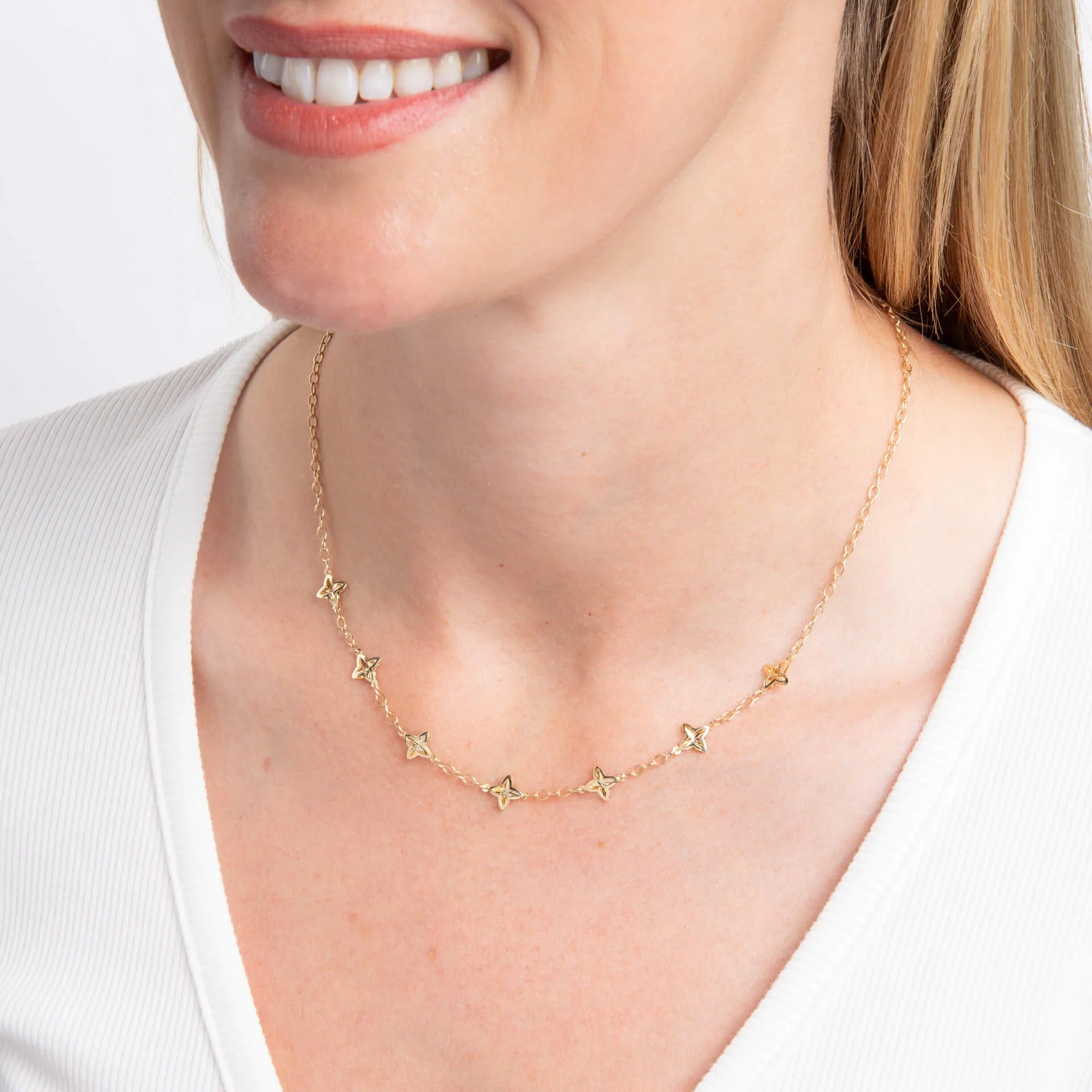 9ct Yellow Gold Four Petal Flower Station Necklace