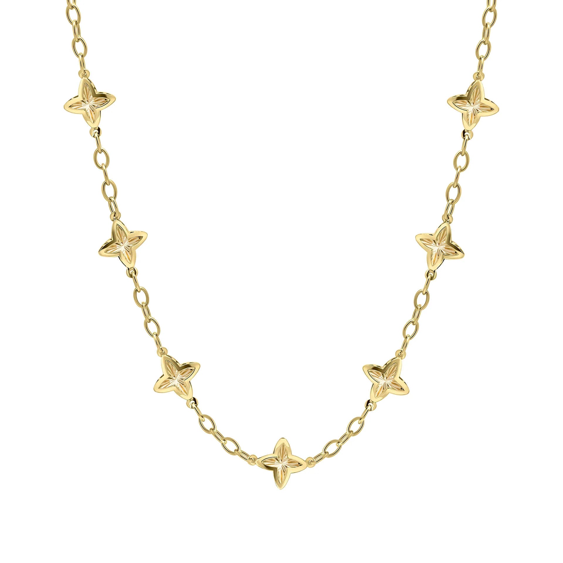 9ct Yellow Gold Four Petal Flower Station Necklace