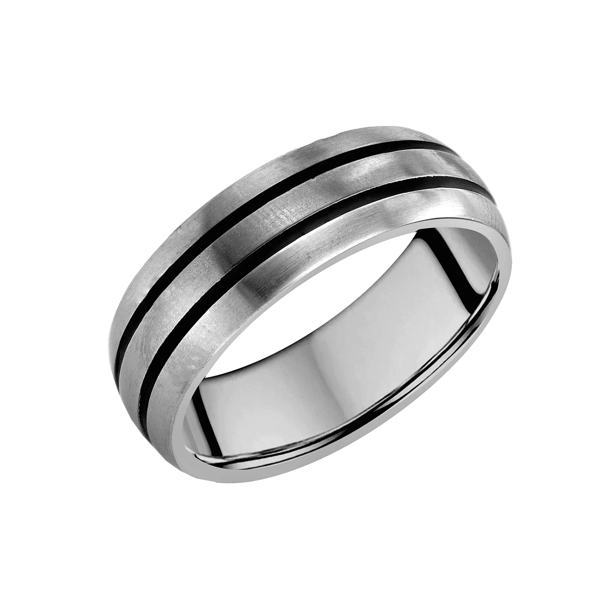 Gents Stainless Steel Court Ring with Black Tramlines