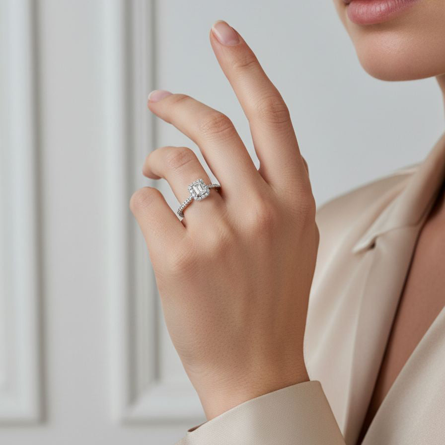 Half Carat Platinum Emerald Cut Diamond Halo Engagement Ring