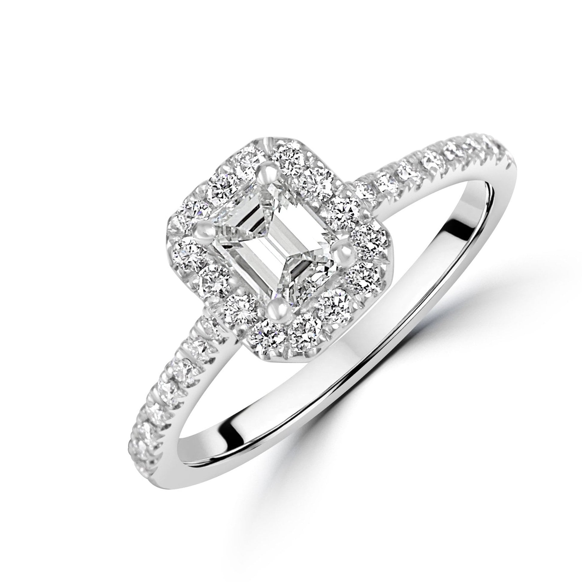 Half Carat Platinum Emerald Cut Diamond Halo Engagement Ring

