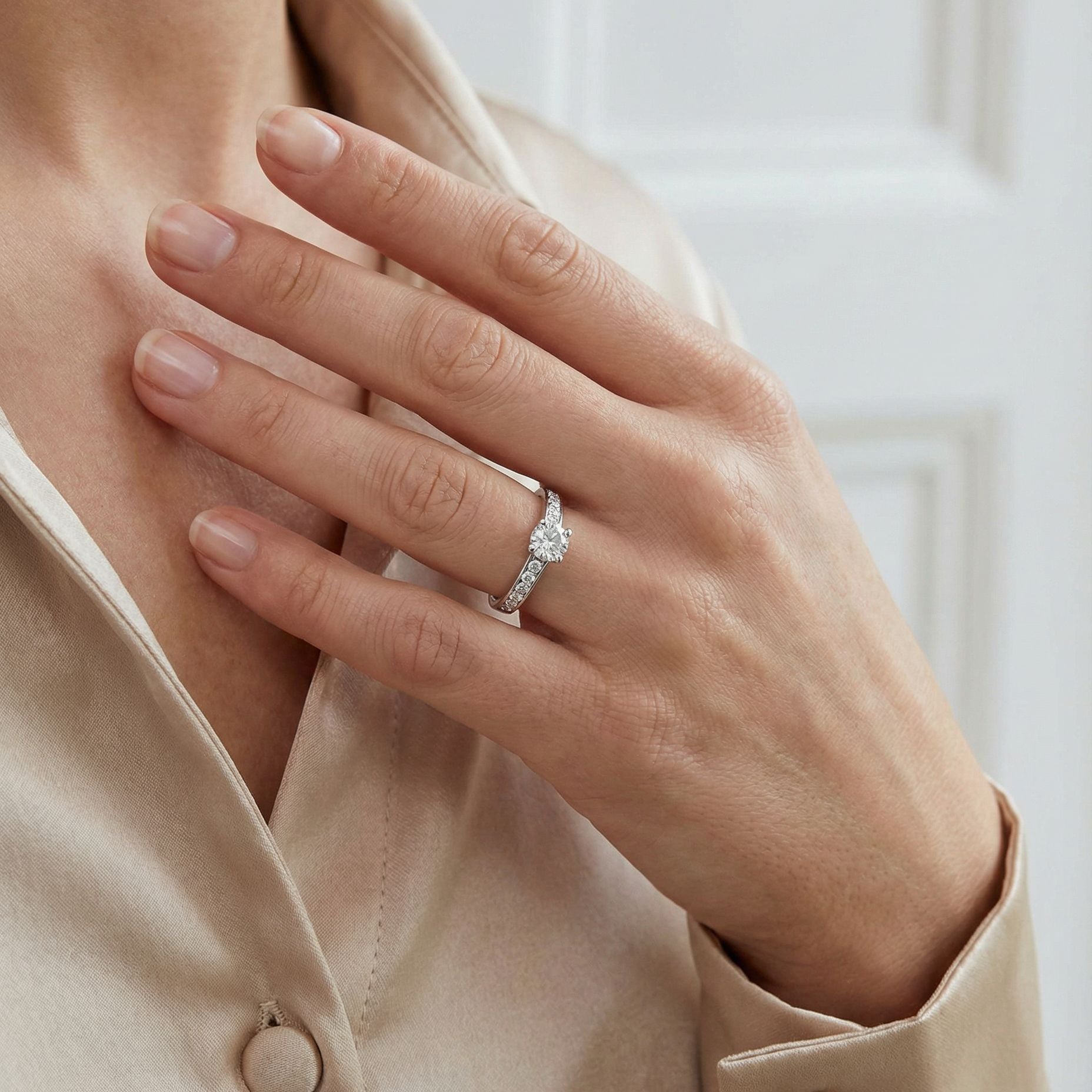 Half Carat Round Diamond with Diamond Band Engagement Ring in Platinum