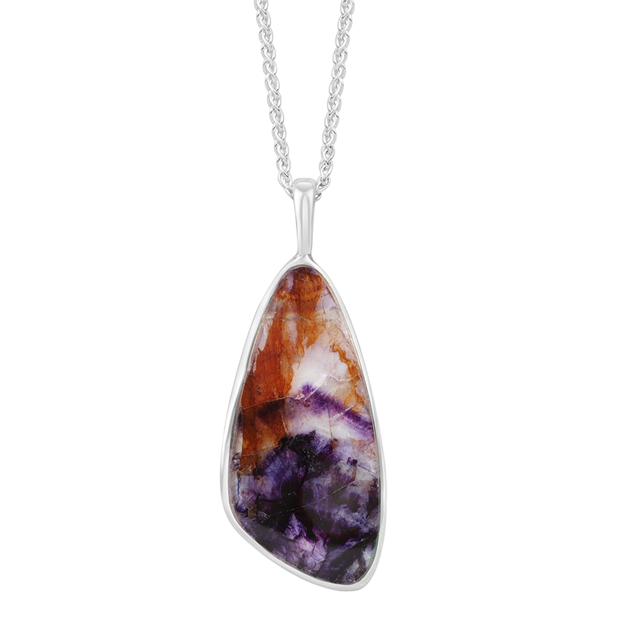 Long Silver Irregular Triangular Pendant Set with Blue John, in an Adjustable Spiga Chain