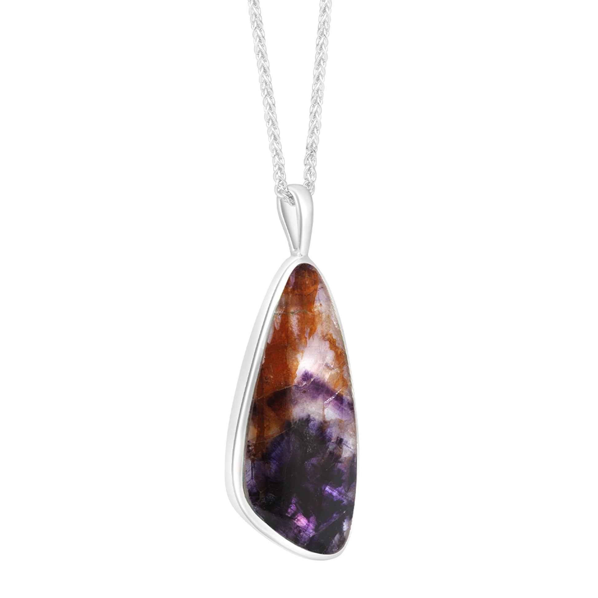 Long Silver Irregular Triangular Pendant Set with Blue John, in an Adjustable Spiga Chain