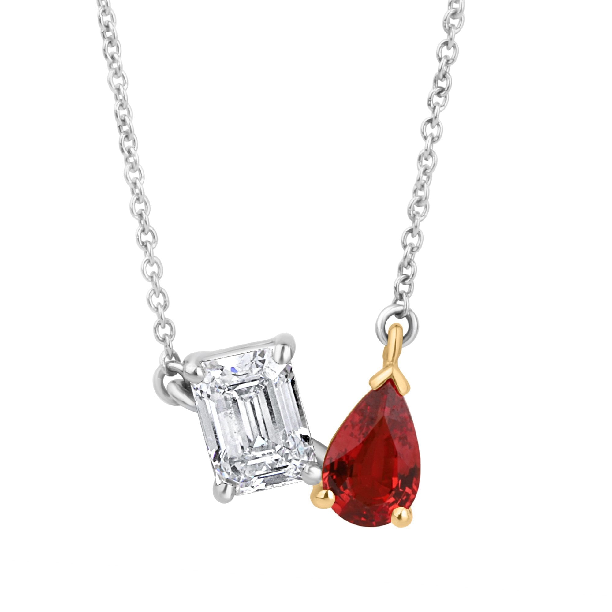 Pear Cut Spinel and Emerald Cut Lab Grown Diamond Toi et Moi Necklace