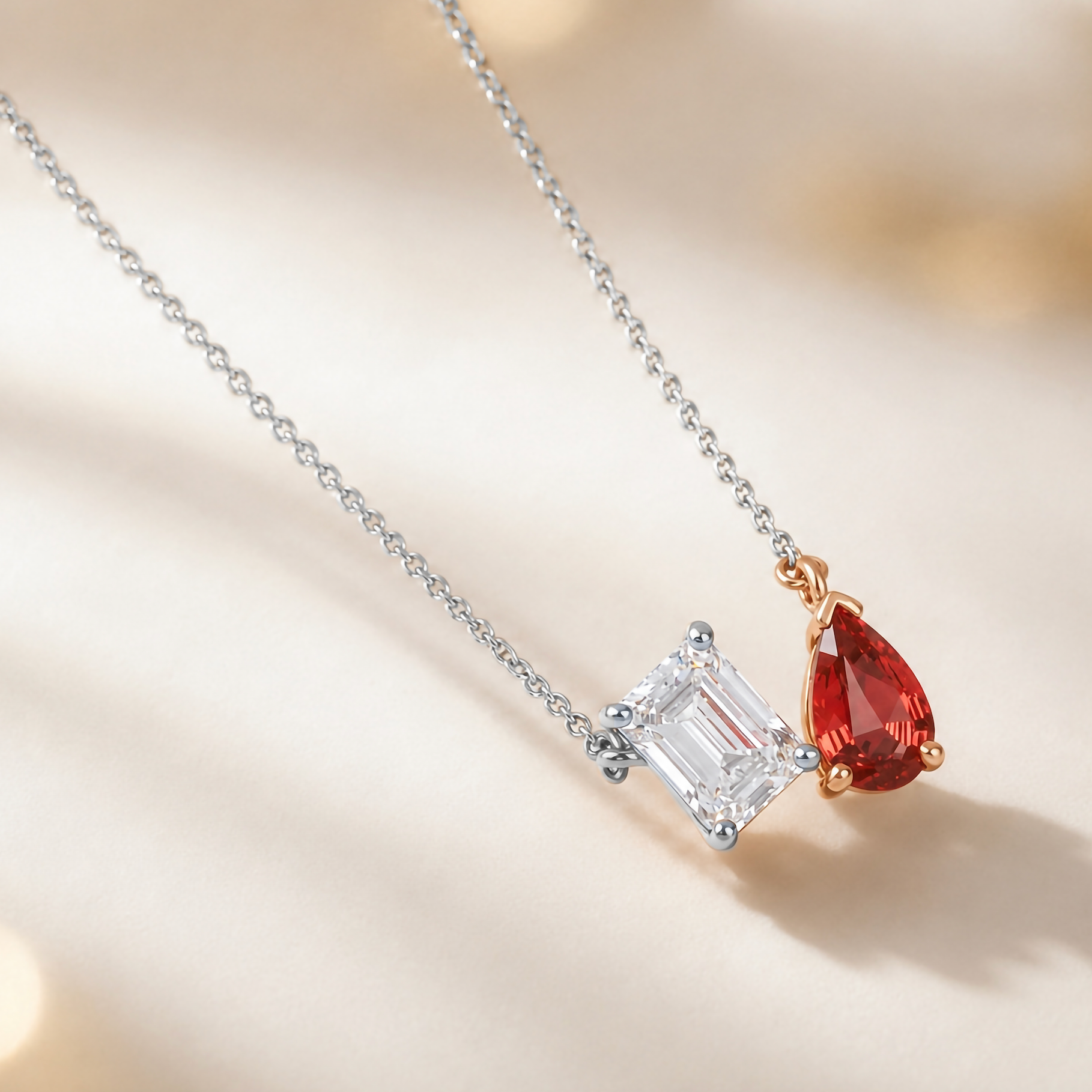 Pear Cut Spinel and Emerald Cut Lab Grown Diamond Toi et Moi Necklace
