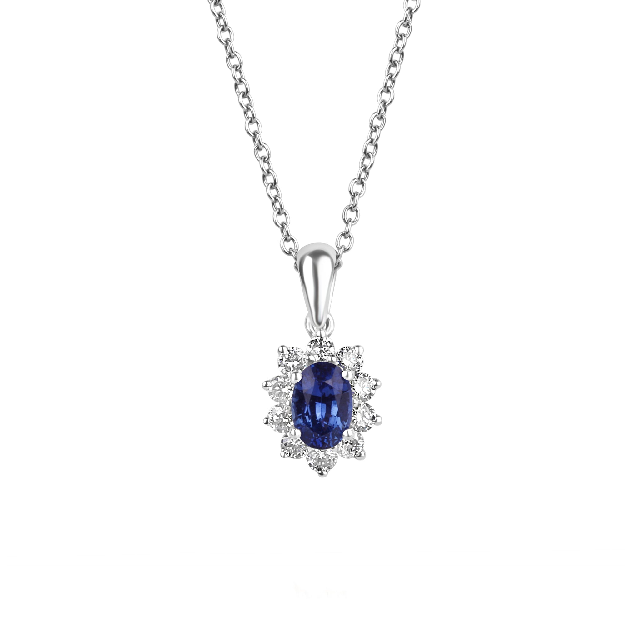 Platinum 0.64ct Oval Sapphire & Diamond Halo Cluster Pendant