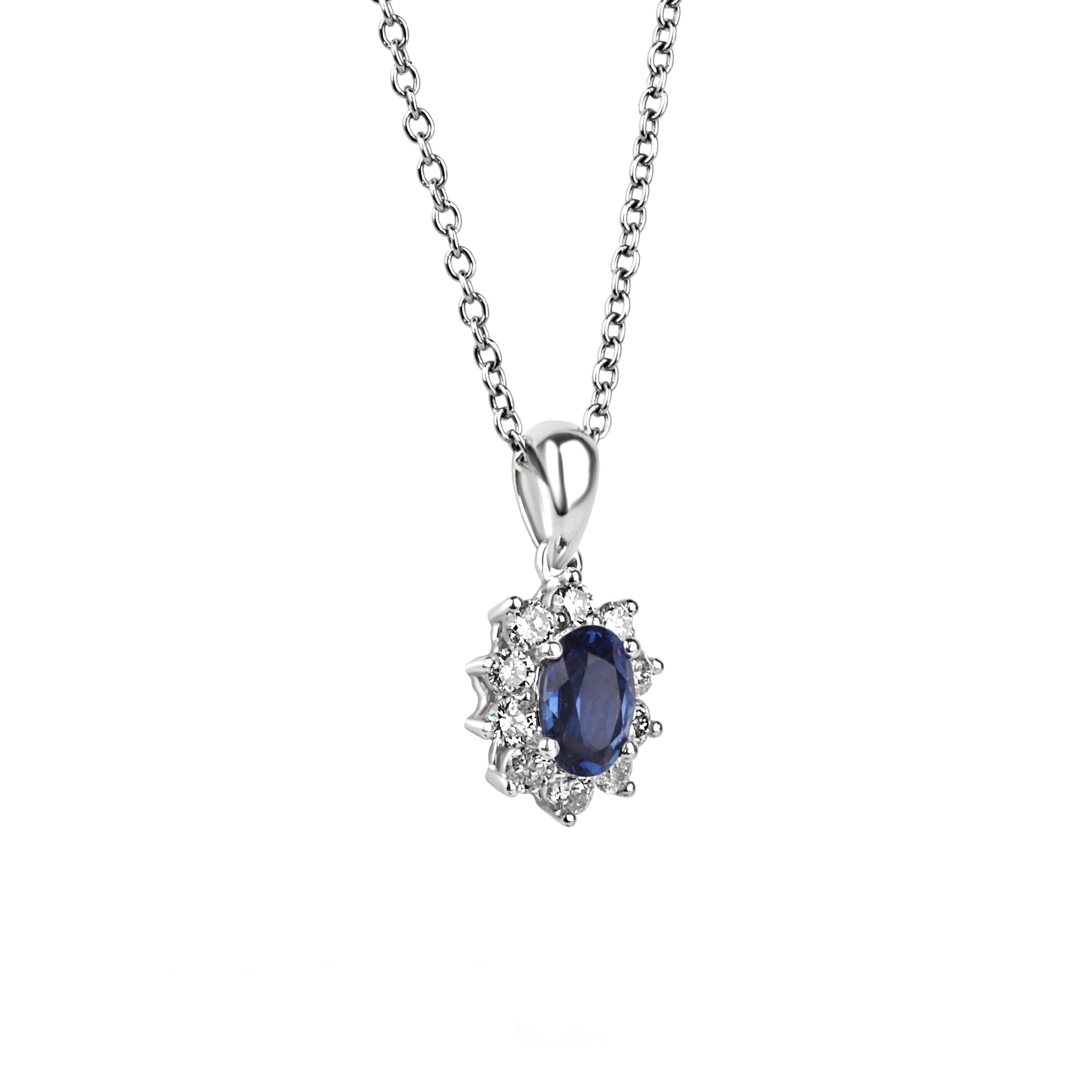 Platinum 0.64ct Oval Sapphire & Diamond Halo Cluster Pendant