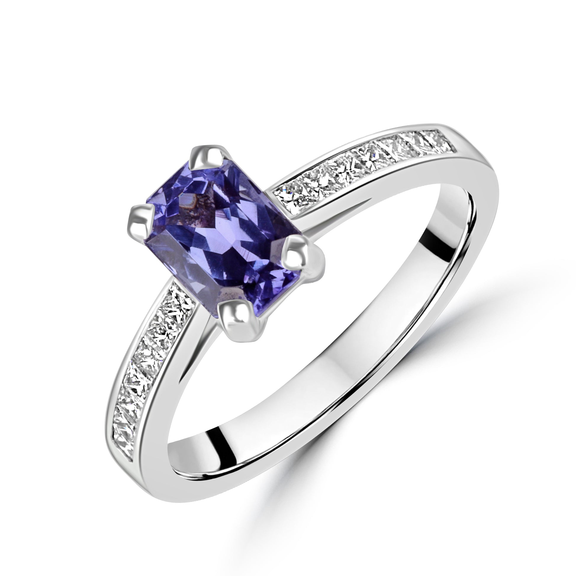 Platinum 1.07ct Octagonal Cut Tanzanite With Princess Cut Diamond Band Ring