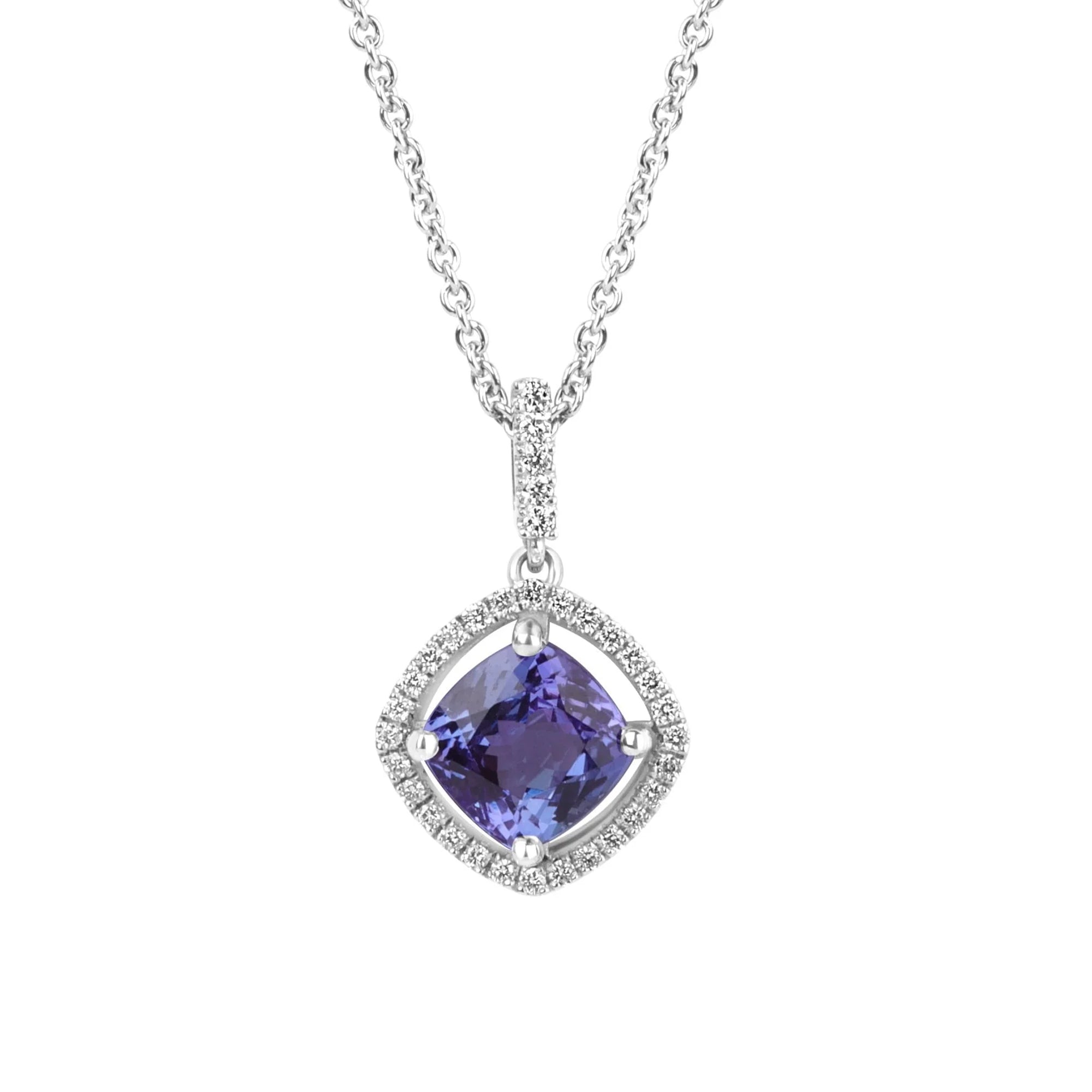 Platinum 2.79ct Cushion Cut Tanzanite and Diamond Halo Necklace
