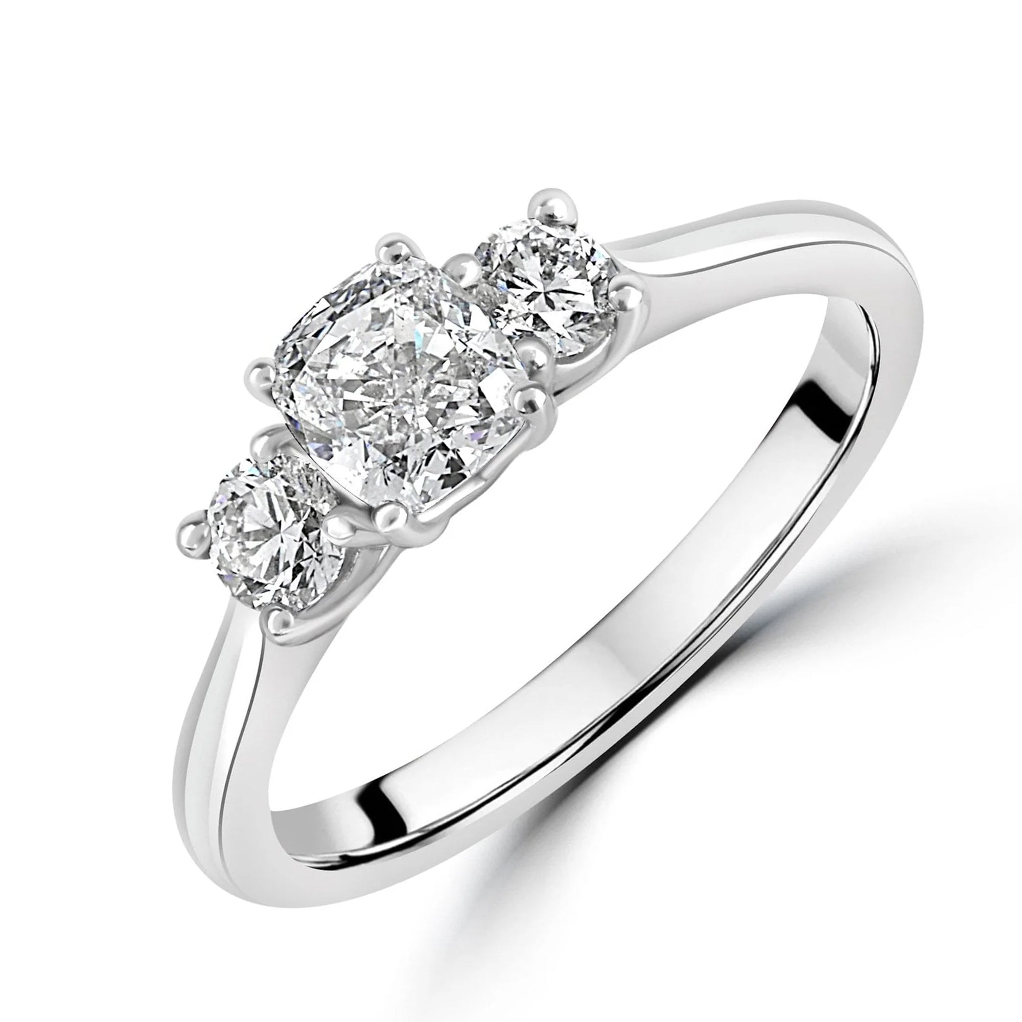 Platinum Three Stone Ring With 0.70ct Cushion Diamond and Round Diamonds