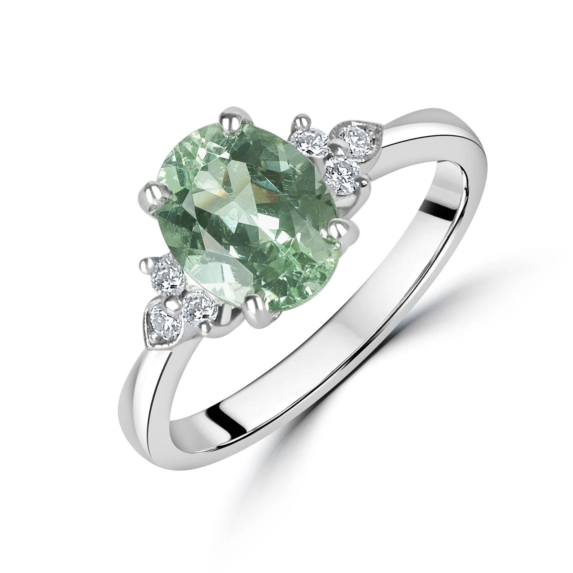 Platinum Dress Ring featuring a Pale Green Tourmaline & Trefoil Diamonds