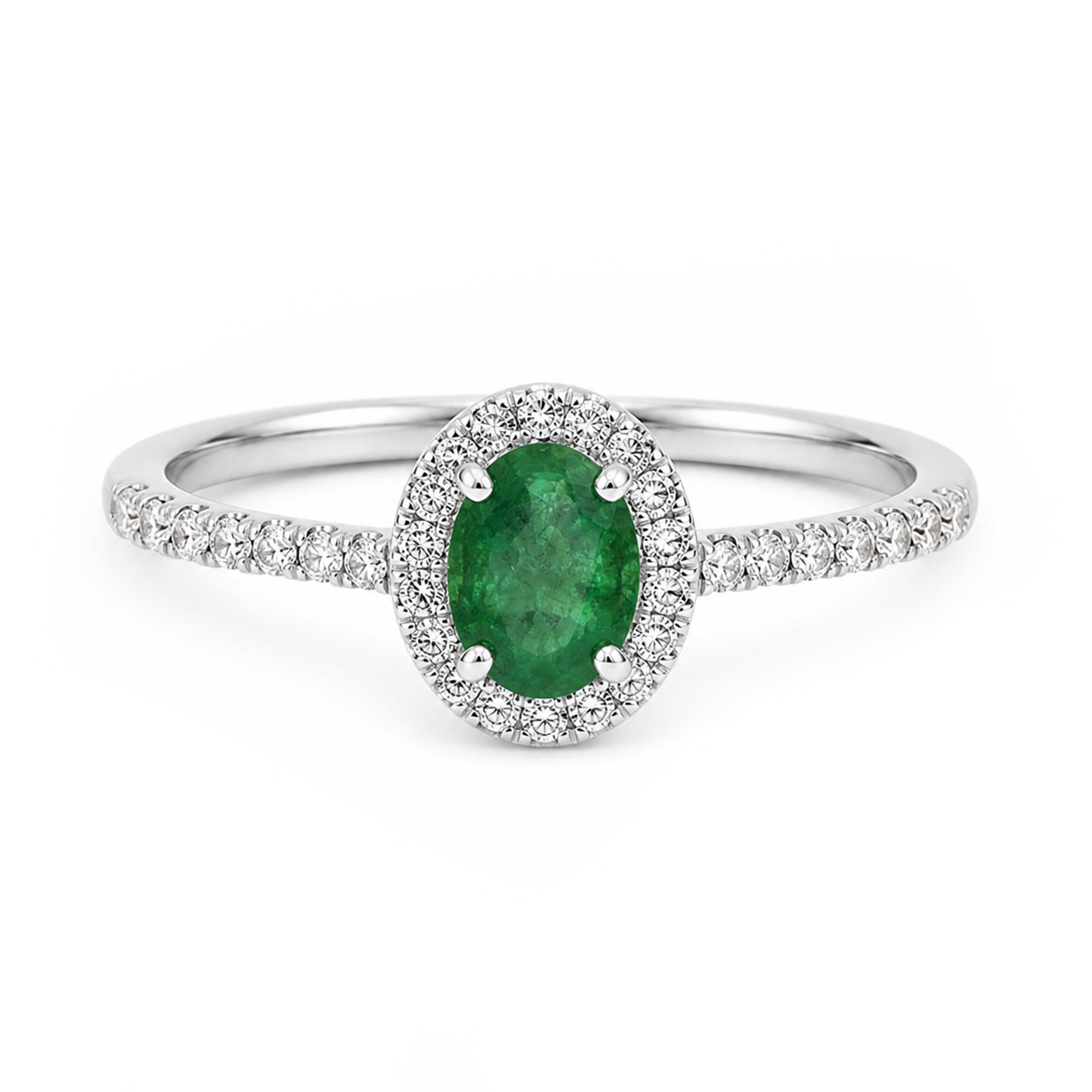 Platinum Oval Cut 7x5mm Emerald with Diamond Halo Ring